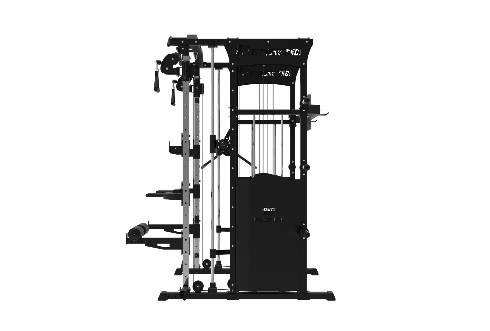 Máquina de pesas negra con cables, poleas, barras y accesorios, vista lateral.