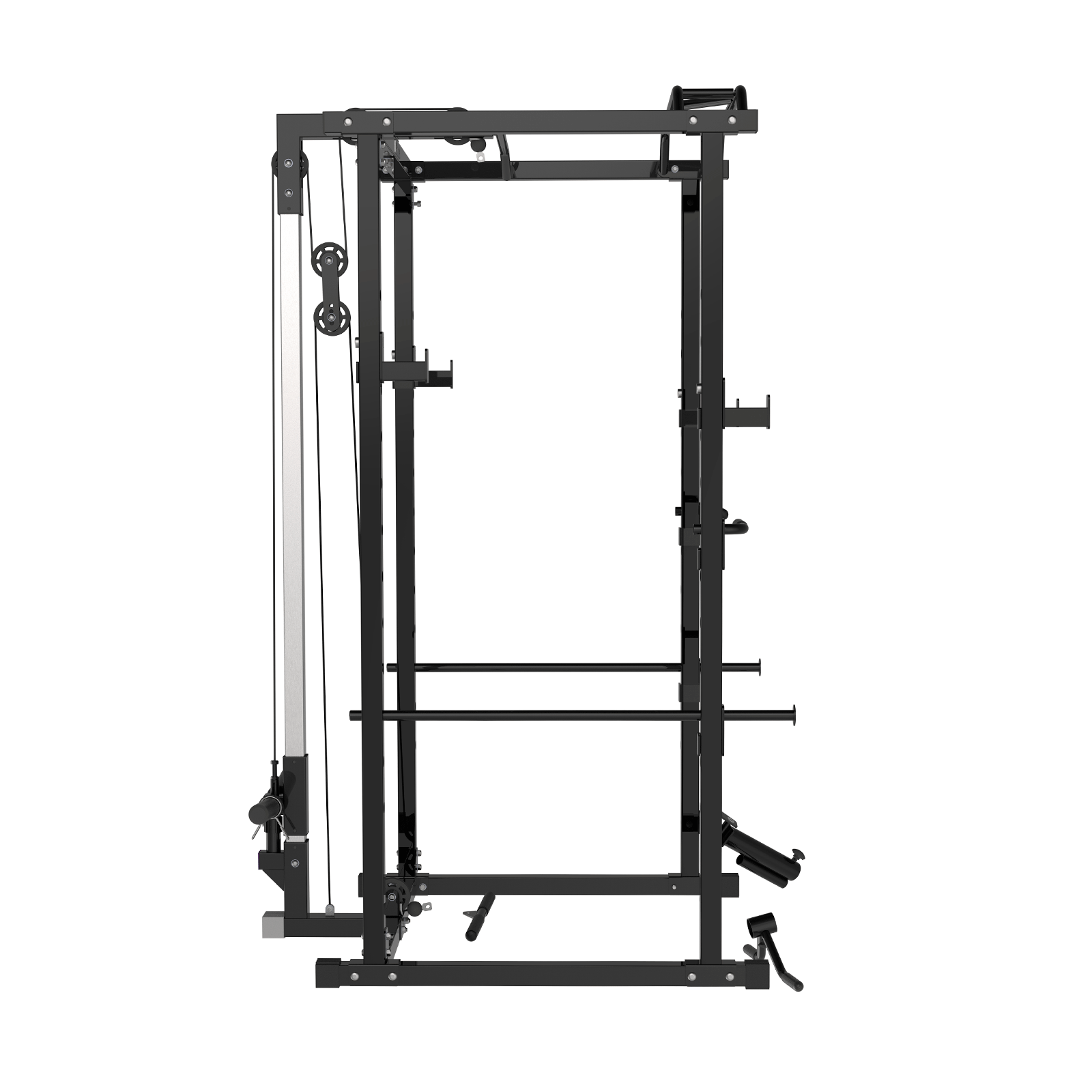 Equipo de gimnasio con máquina de cable, barra de dominadas y otros accesorios. Estructura negra sobre fondo blanco.