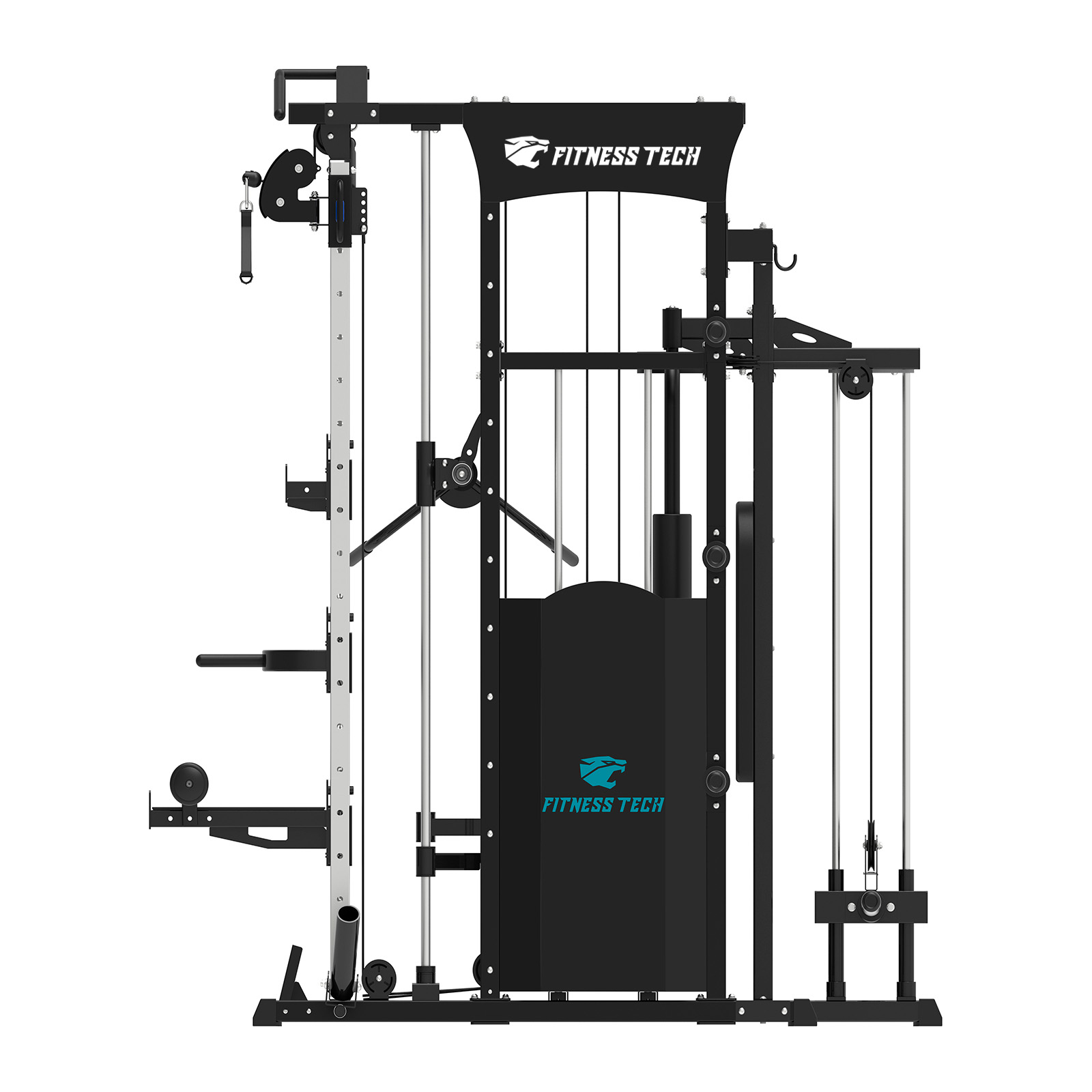 Equipo de gimnasio de múltiples estaciones Fitness Tech negro sobre fondo blanco. Cables, pesas y estaciones.