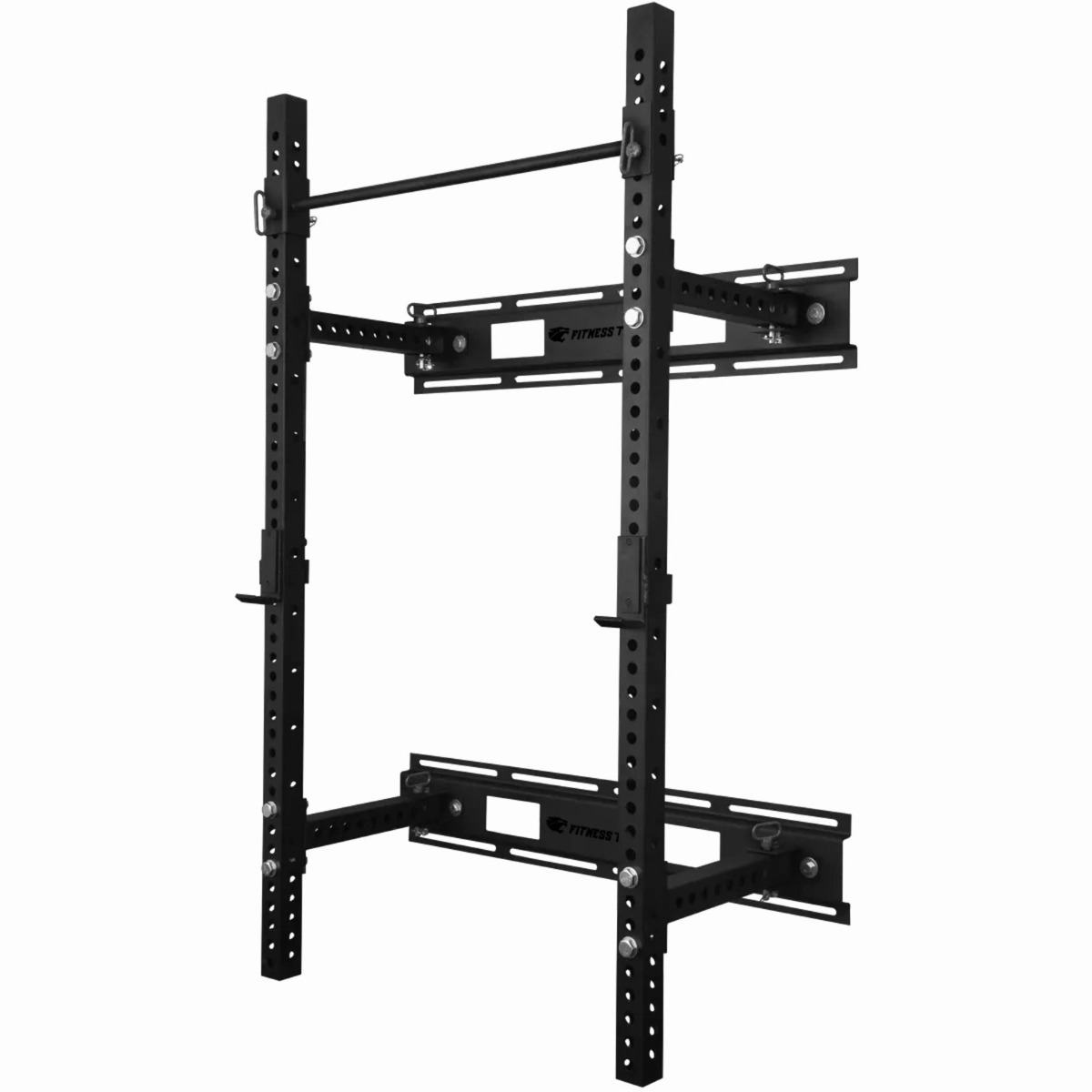 Rack de halterofilia negro con barra de dominadas. Múltiples agujeros para ajustes y marca Fitness Tech.
