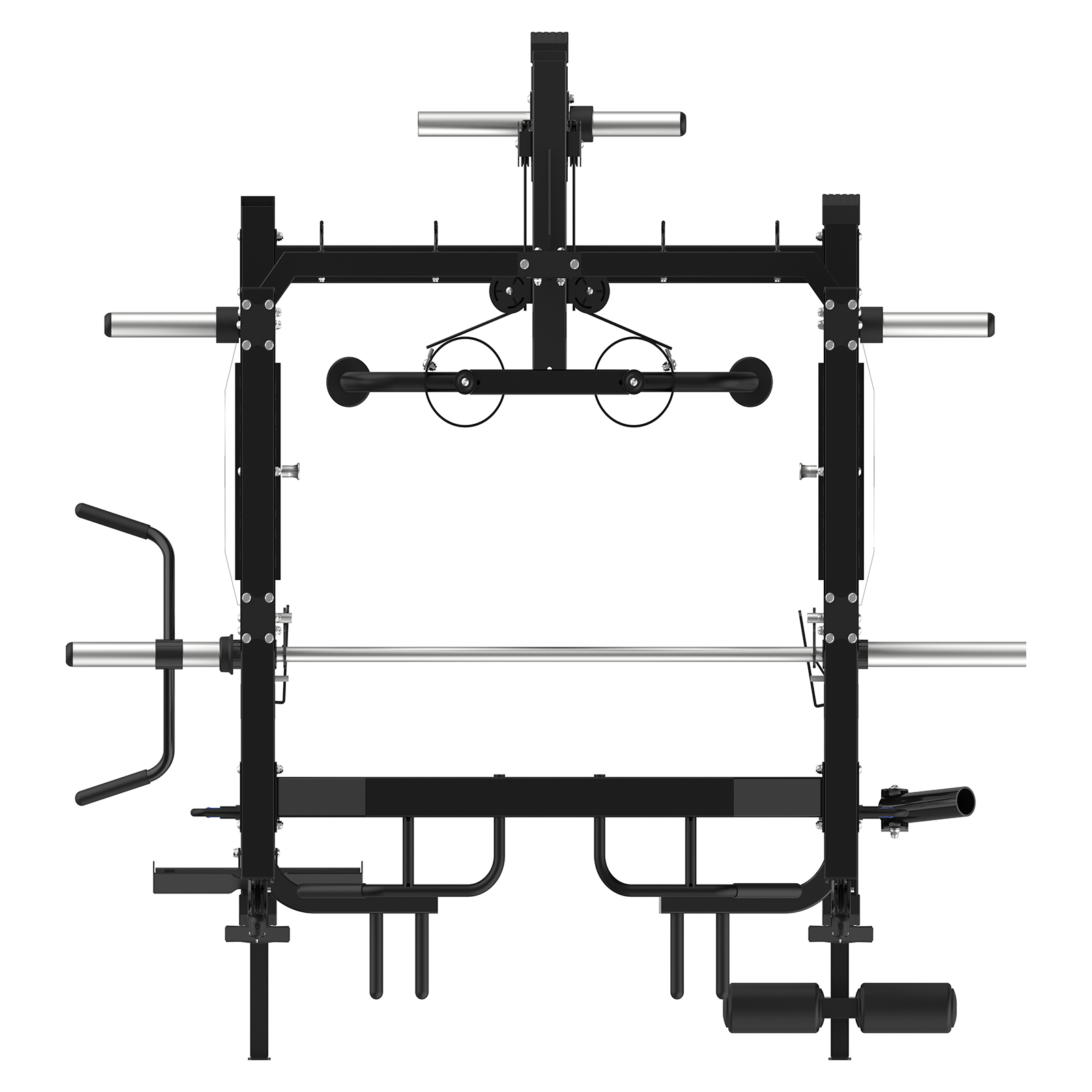 Equipo de gimnasio multiestación negro. Incluye barras, mangos y accesorios de cable. Fondo blanco.