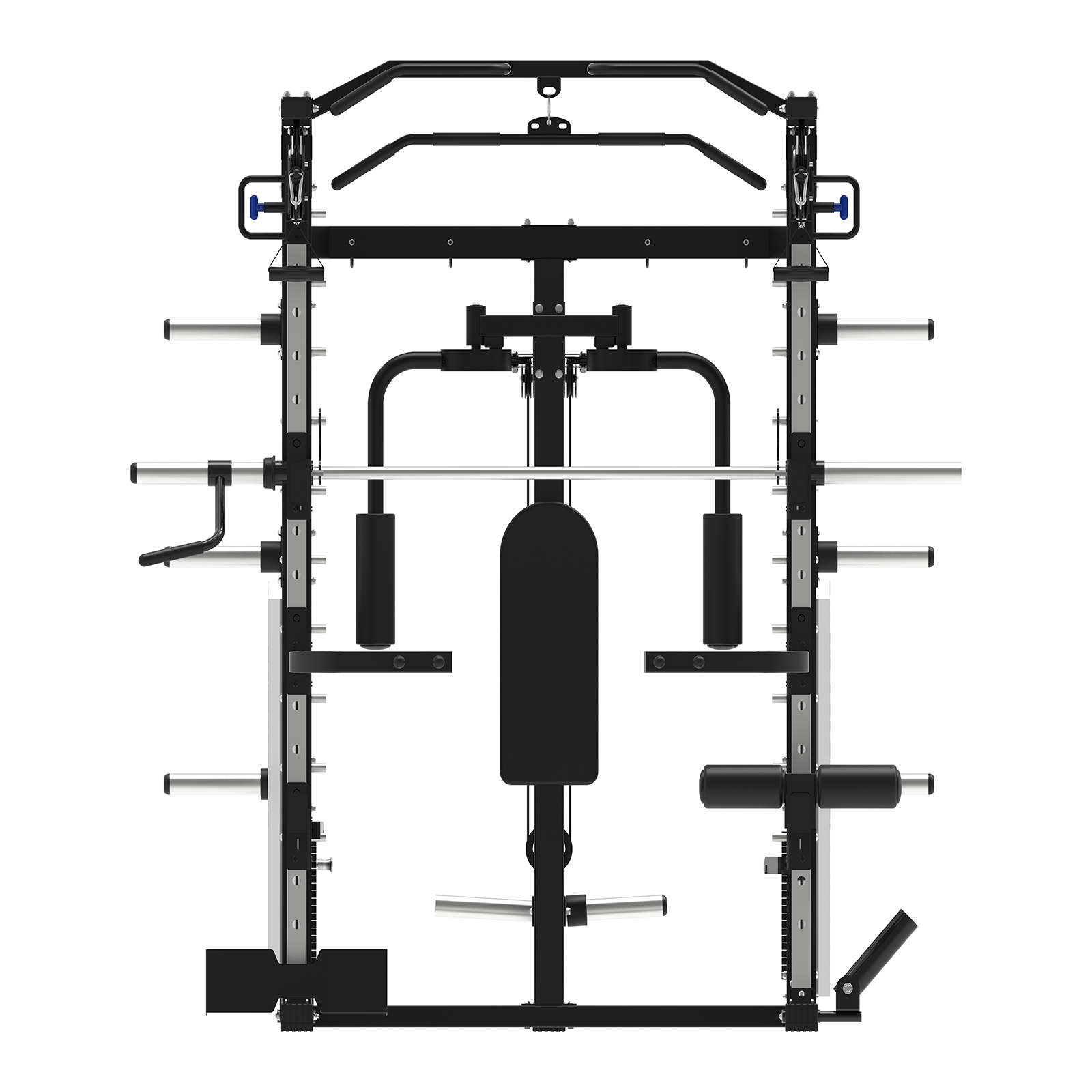 Equipo de gimnasio multiestación negro. Con barras, manijas y banco. Fondo blanco.