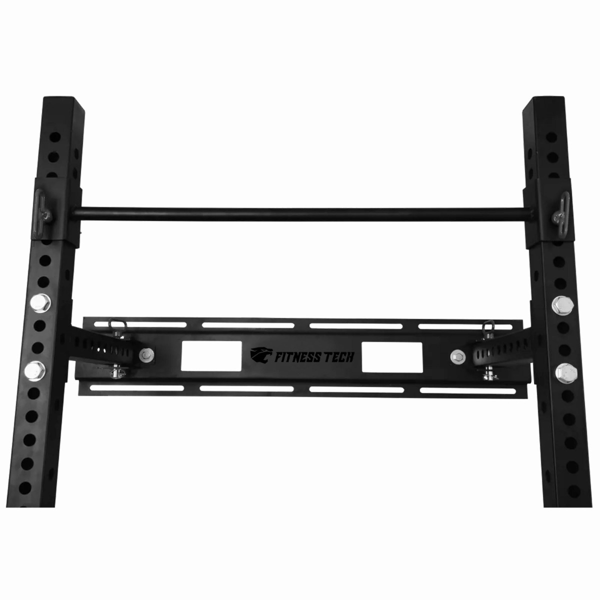 Rack de halterofilia negro con barra de dominadas y marca Fitness Tech. Múltiples agujeros de ajuste.
