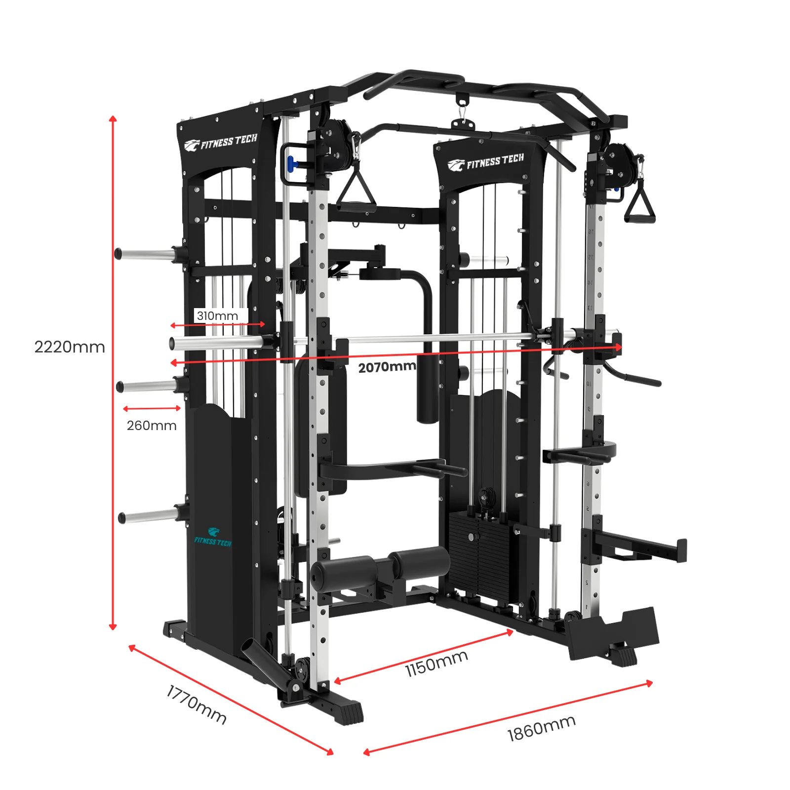 Equipo de gimnasio multiestación negro con medidas. Fondo blanco. Marca Fitness Tech.