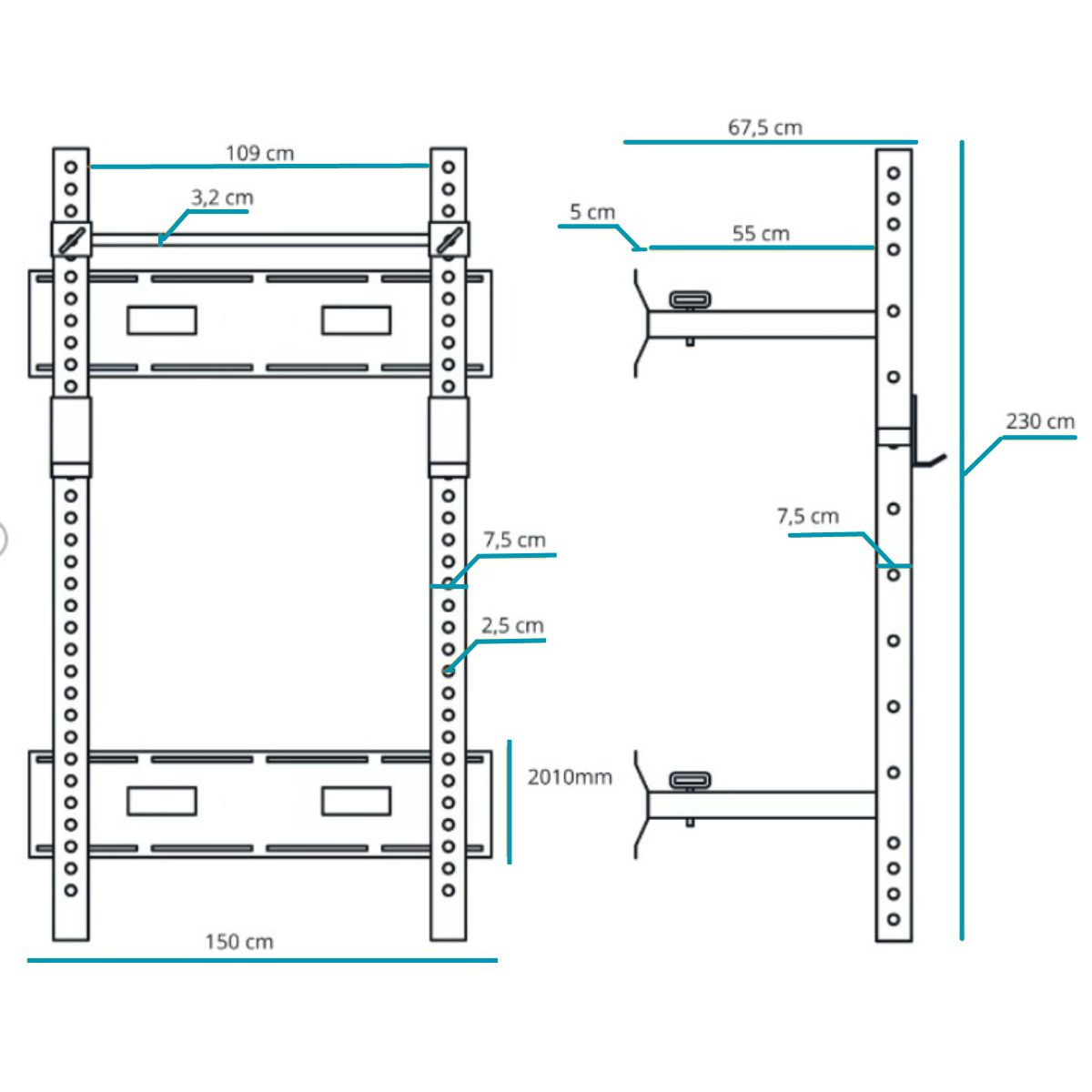 Diagrama de un soporte de pared con medidas. Muestra las dimensiones y el diseño del soporte para la instalación.