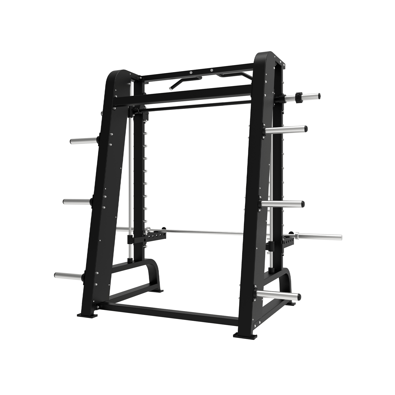 Rack de halterofilia negro con múltiples soportes. Fondo blanco. Marca Fitness Tech.