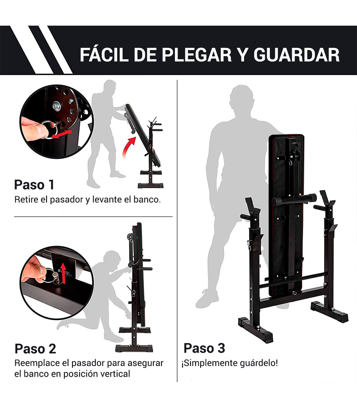 Instrucciones para plegar y guardar un banco de pesas en español, con ilustraciones.