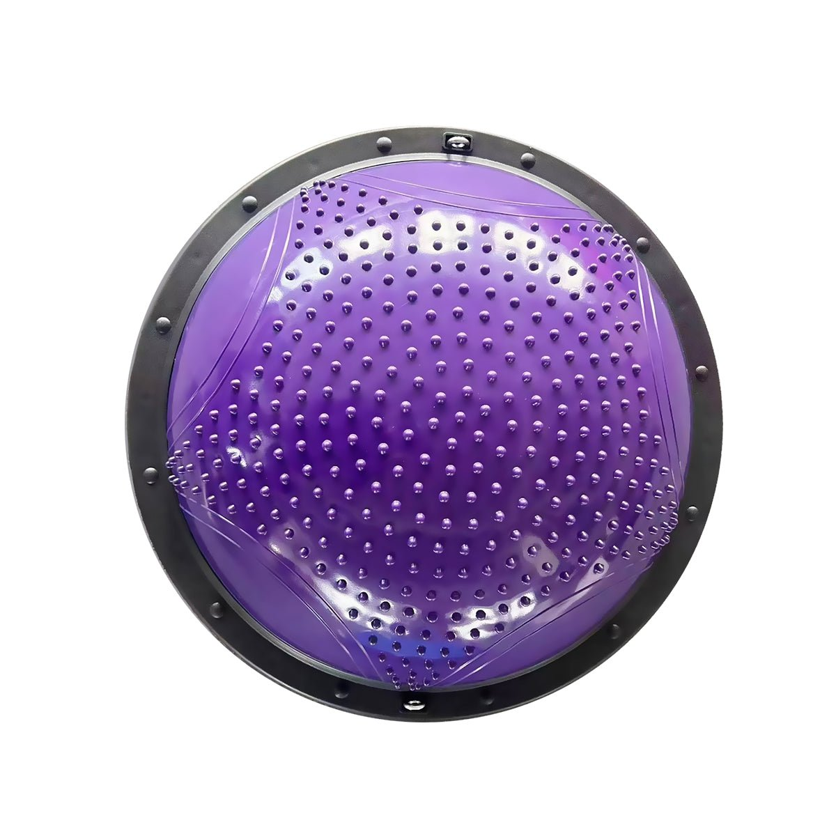 Entrenador de equilibrio morado y texturizado con marco de metal. Fondo blanco.