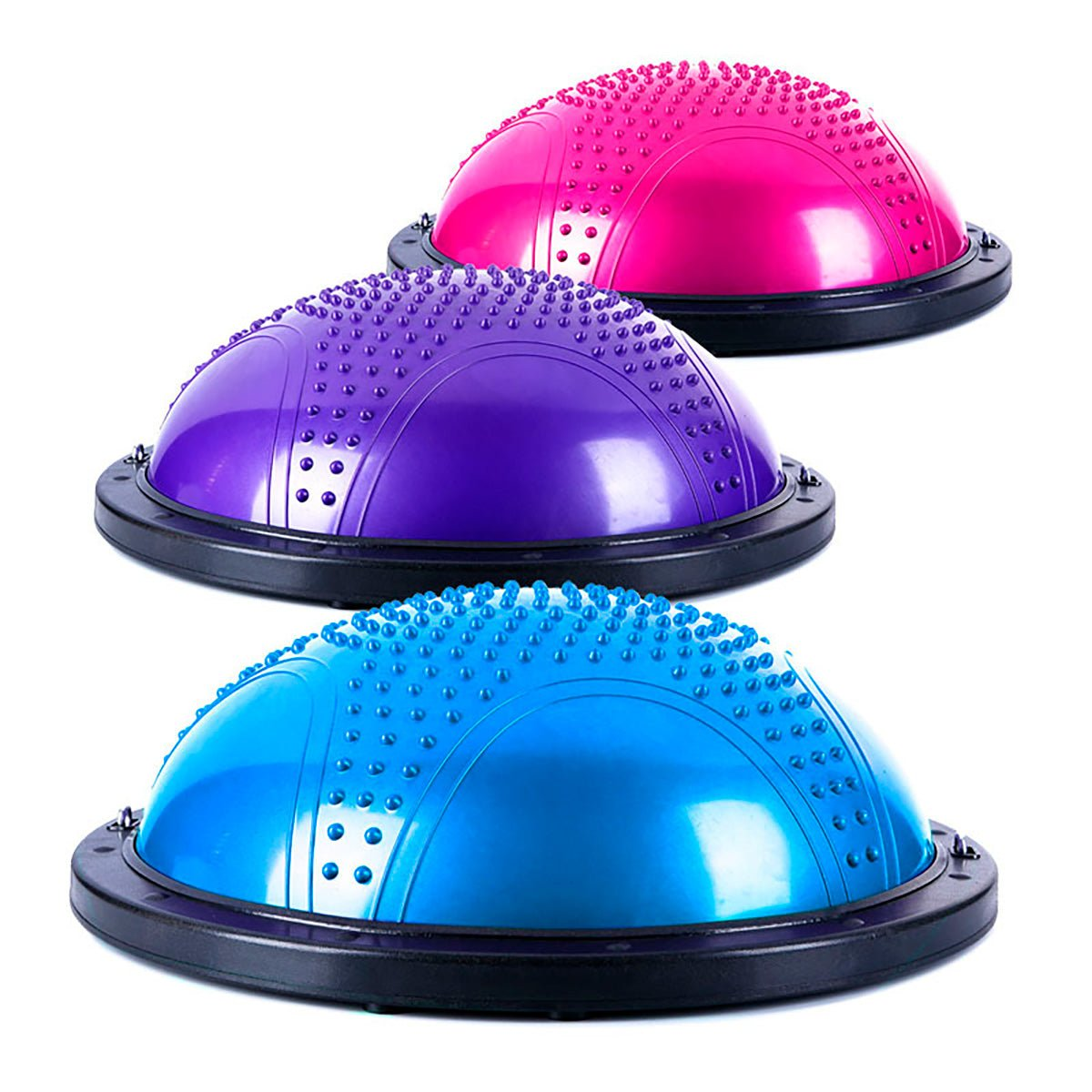 Tres entrenadores de equilibrio en forma de cúpula en morado, rosa y azul. Fondo blanco.