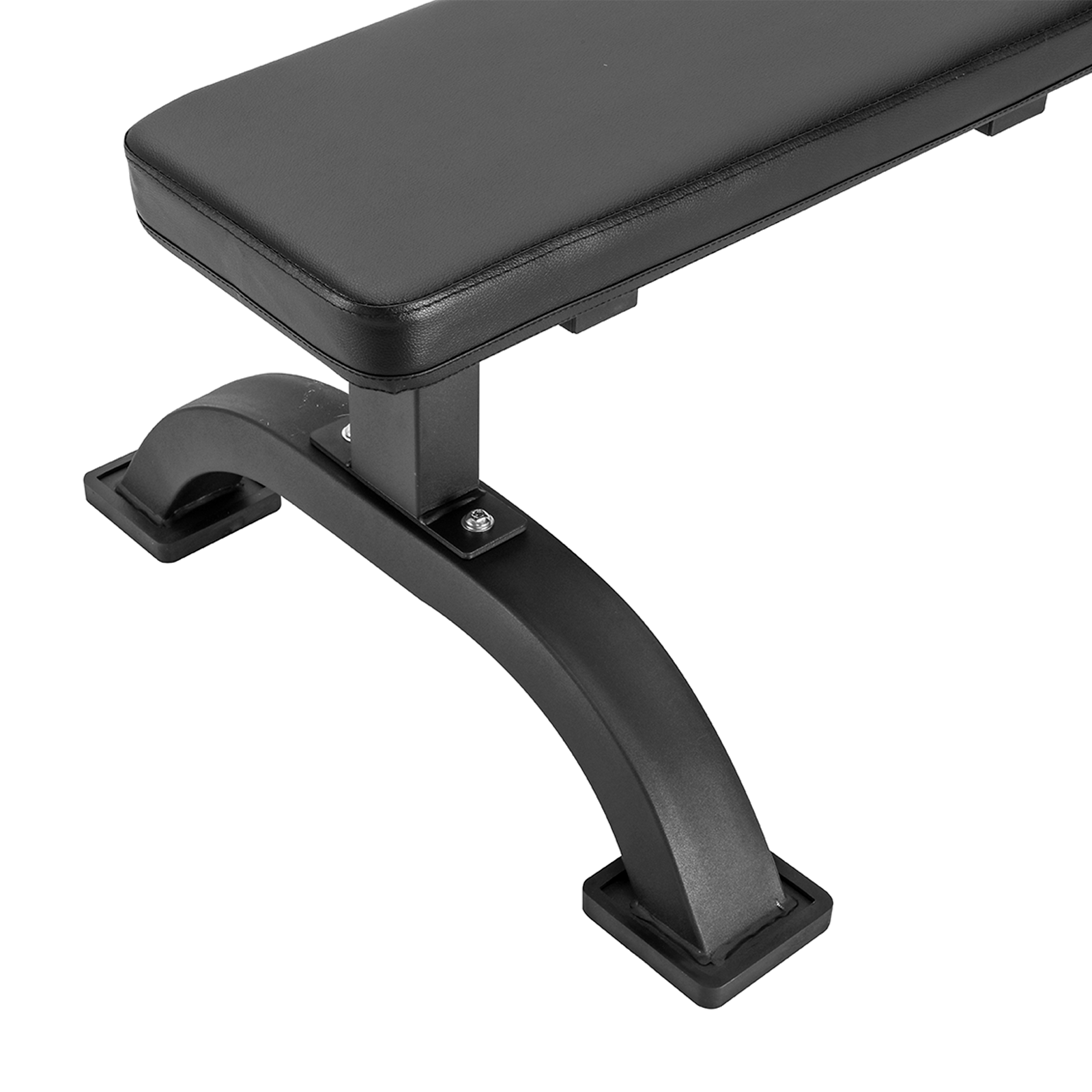 Primer plano de una pata de banco de pesas plano negro. Diseño curvo y base cuadrada.