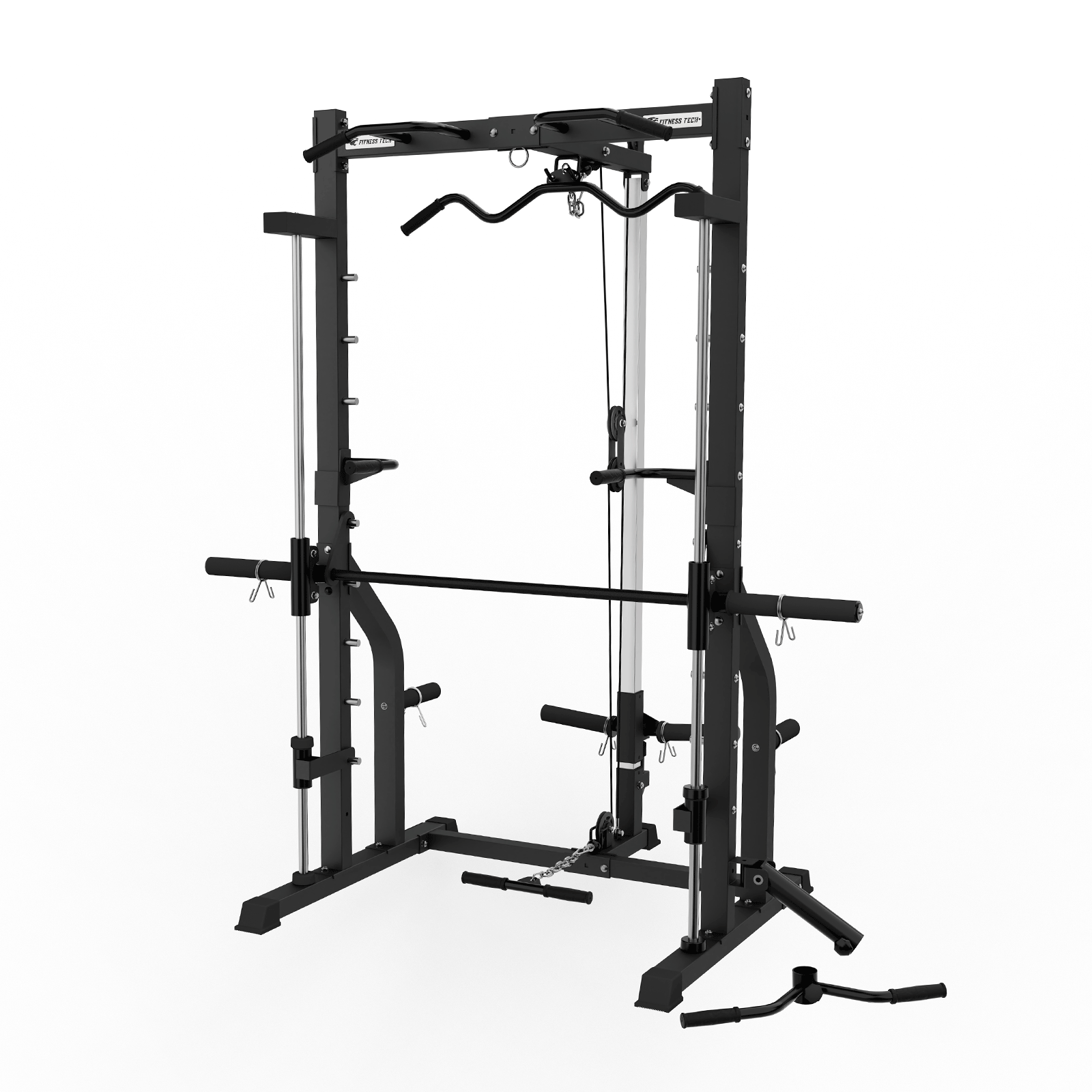 Máquina Smith negra de Fitness Tech. Tiene cables, barras y asas, con almacenamiento de pesas. Fondo blanco.