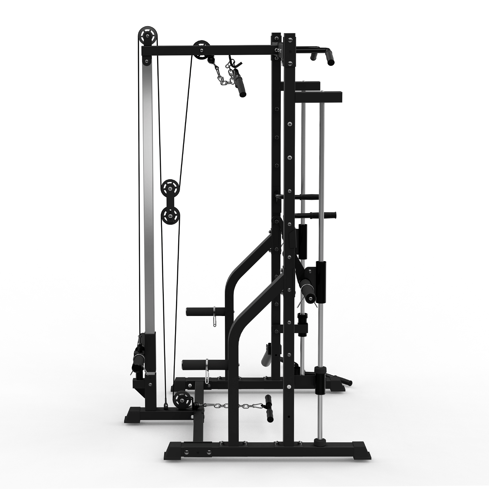 Multigimnasio negro con cables y poleas. Fondo blanco.