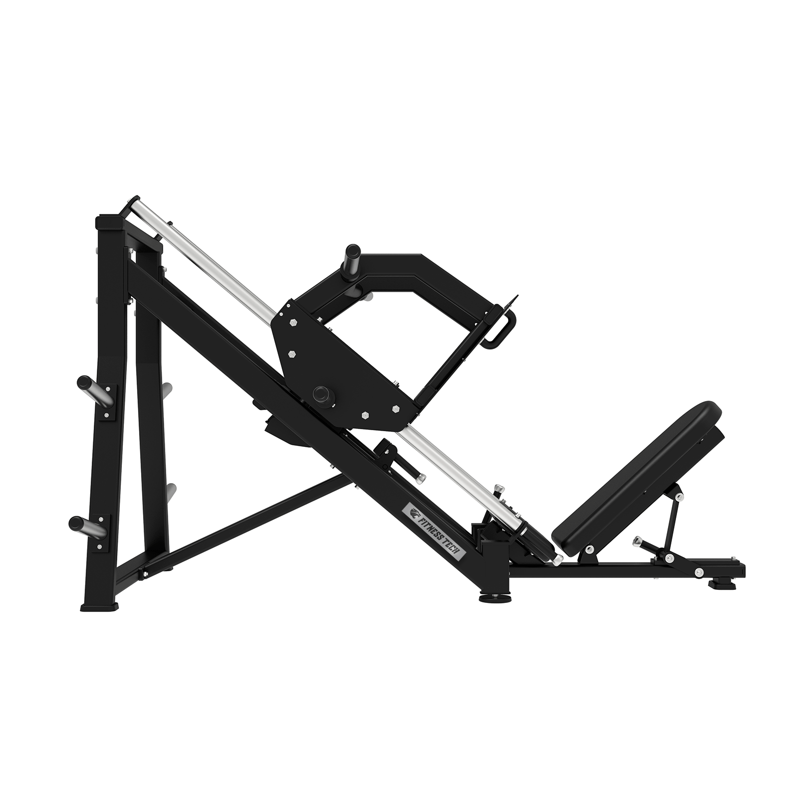 Máquina de prensa de piernas negra con la marca FITNESS TECH.