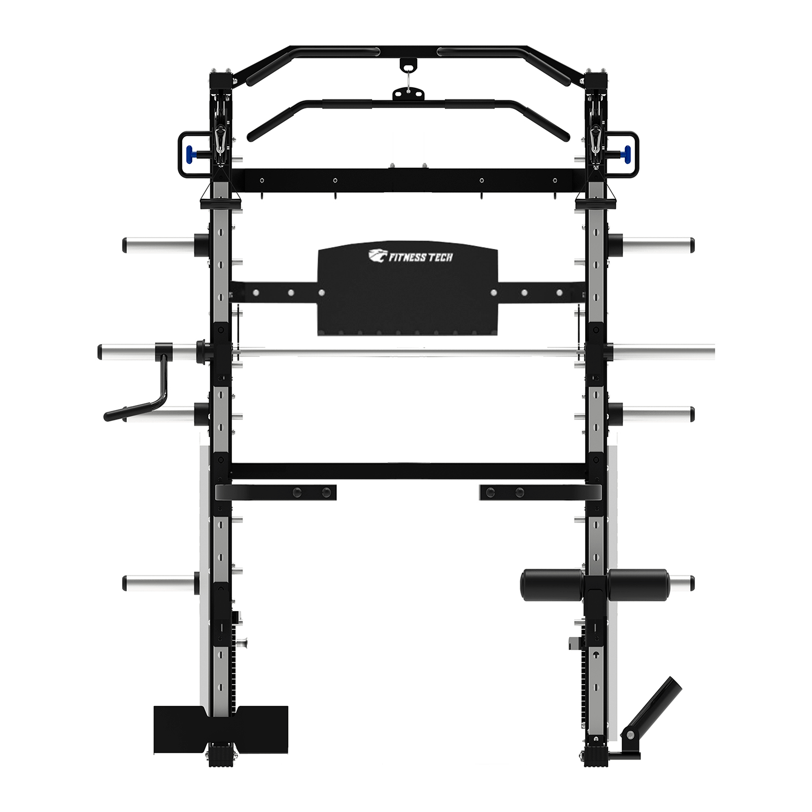 Máquina de gimnasio negra con barras y soportes de pesas. Vista frontal.