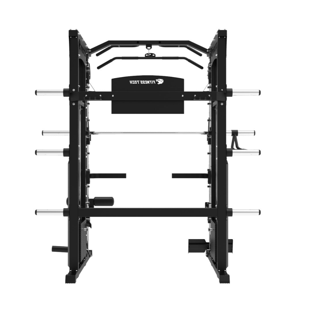 Máquina de gimnasio negra con múltiples barras y soportes de pesas. Vista frontal.