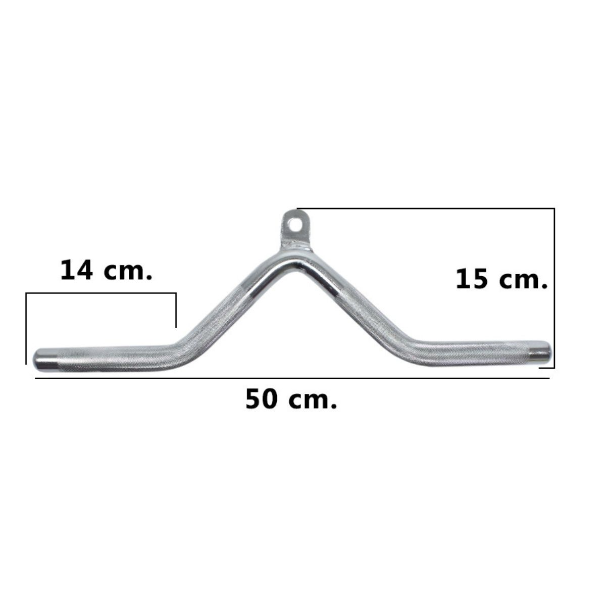 Barra de gimnasio plateada con medidas: 14 cm, 15 cm y 50 cm.
