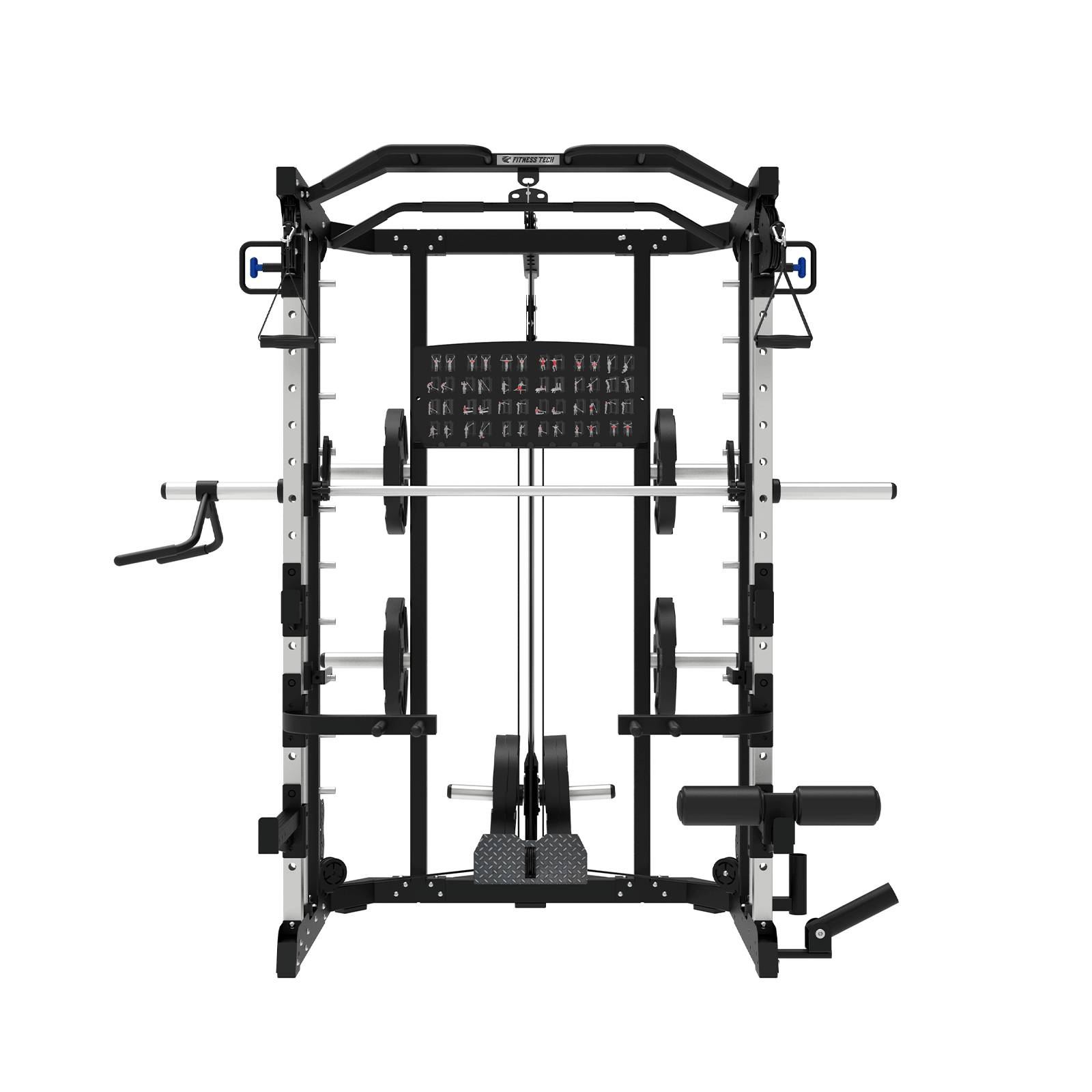 Máquina de gimnasio plateada y negra con pesas y accesorios de cable. La marca FITNESS TECH es visible.