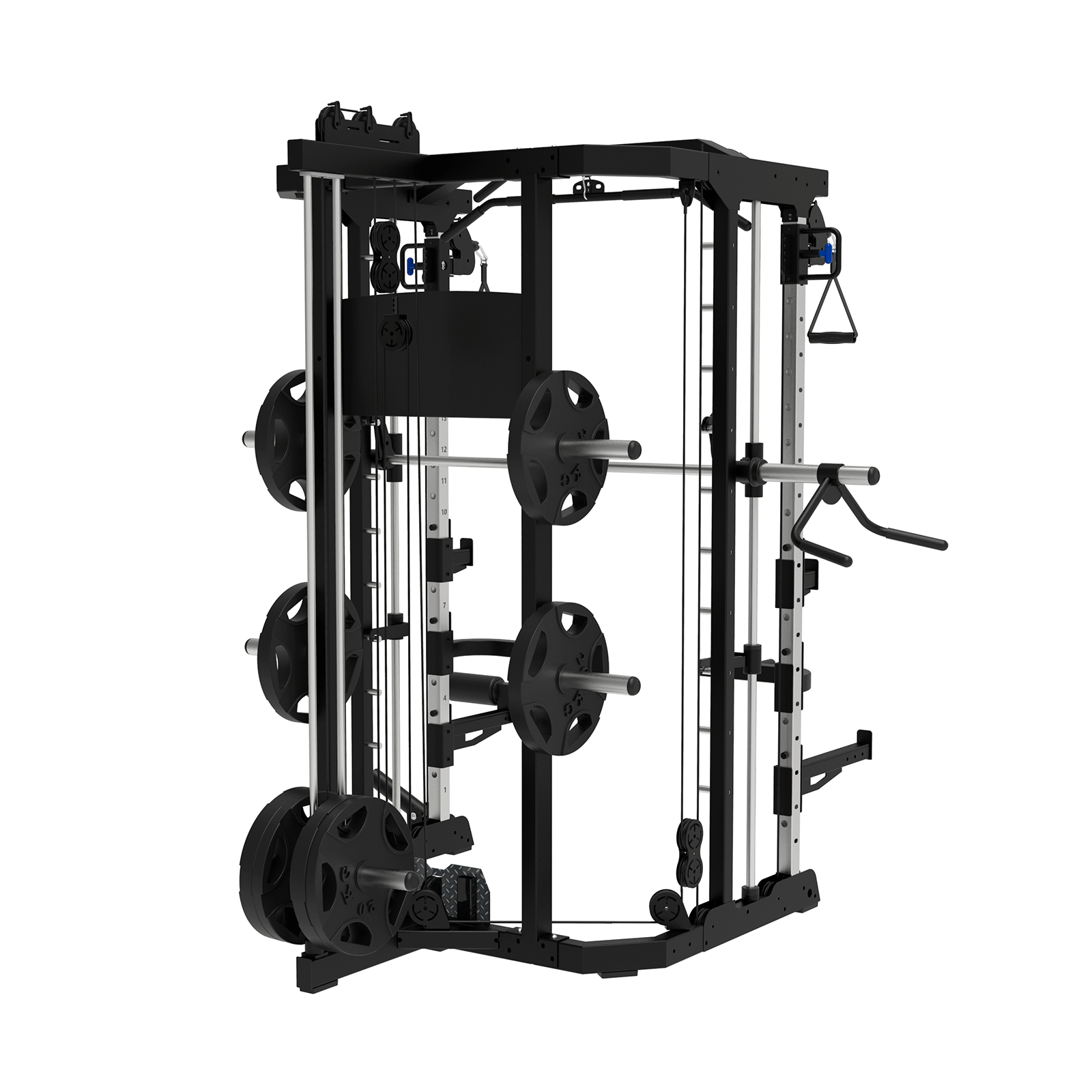 Máquina de gimnasio negra con pesas, barras y sistema de cable. Vista lateral.