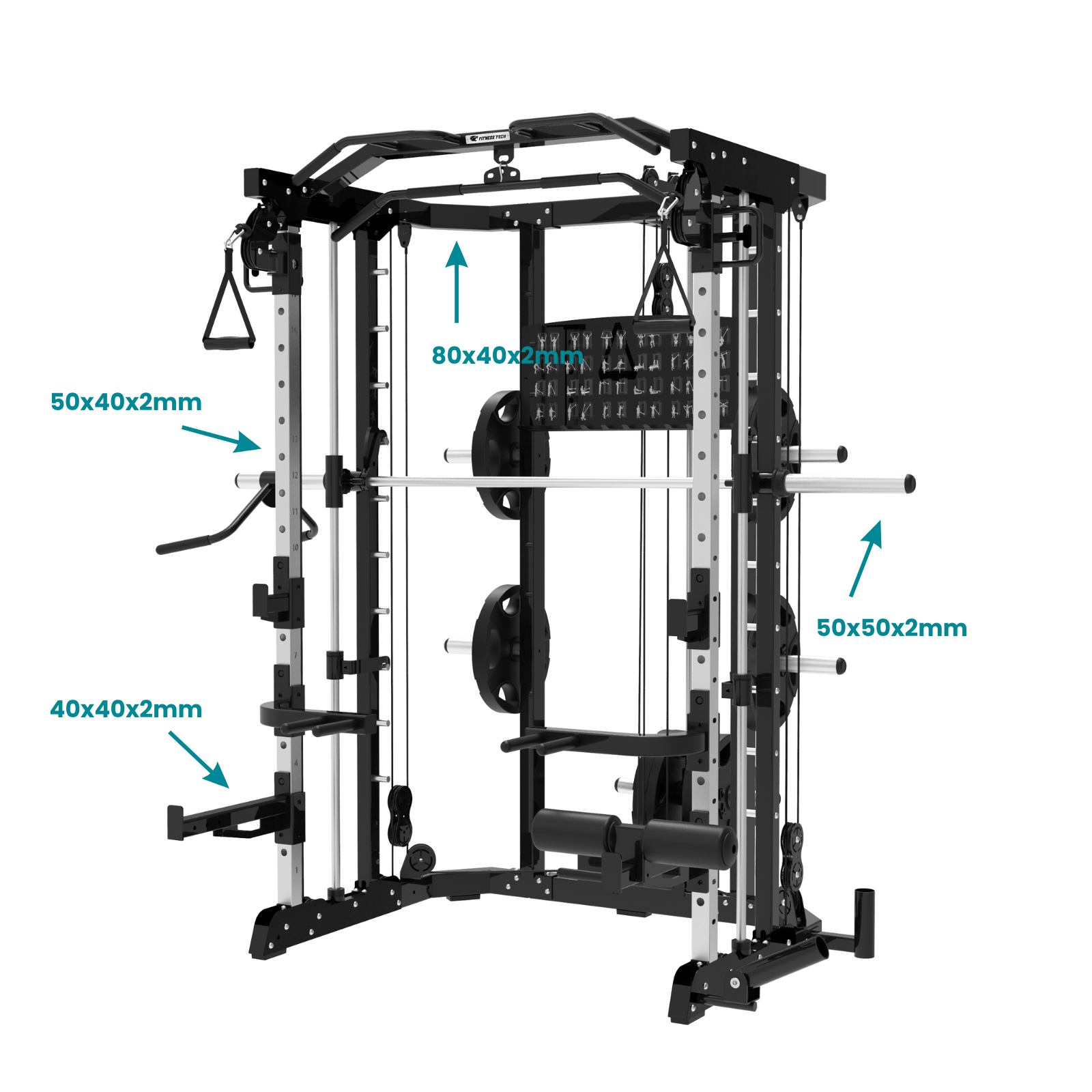 Máquina de gimnasio negra y plateada con pesas, barras y cables. Dimensiones marcadas.