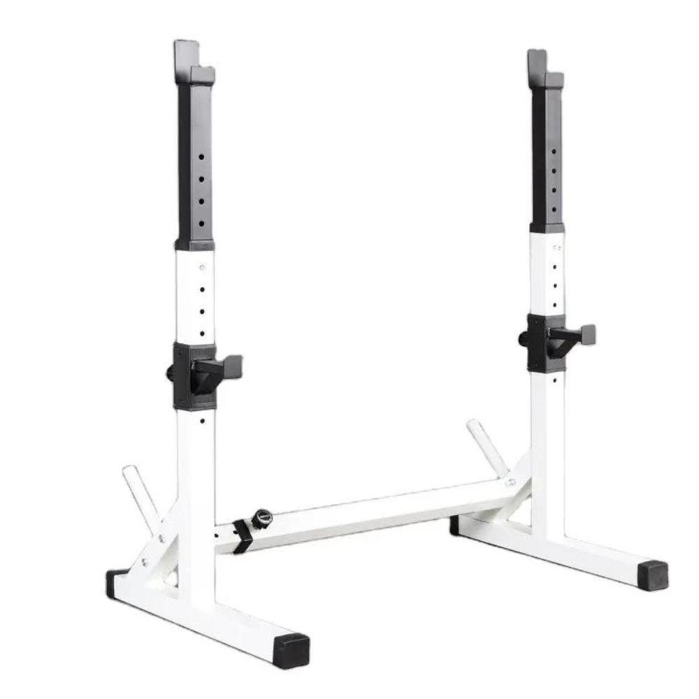 Soporte para sentadillas blanco con dos montantes y una base, sobre fondo blanco.