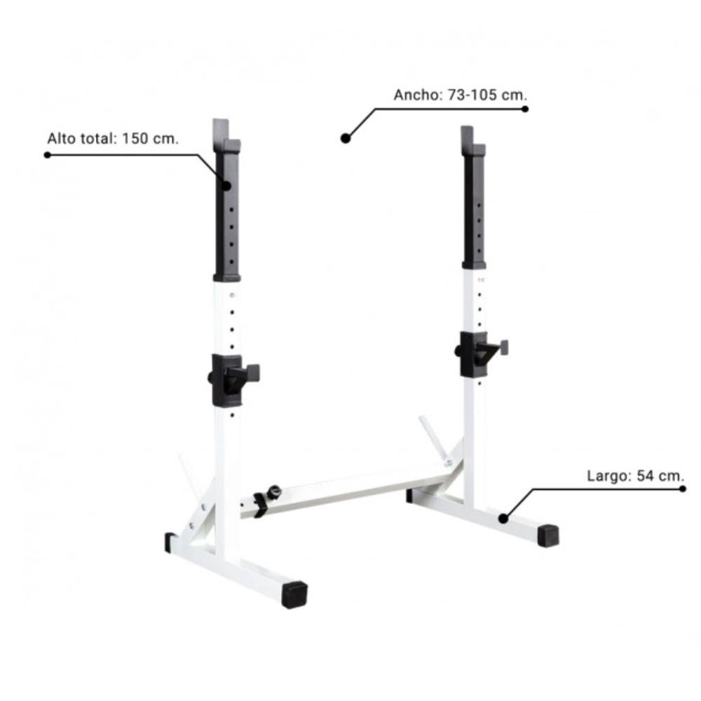 Soporte para sentadillas con medidas. Muestra las dimensiones de altura, anchura y longitud.