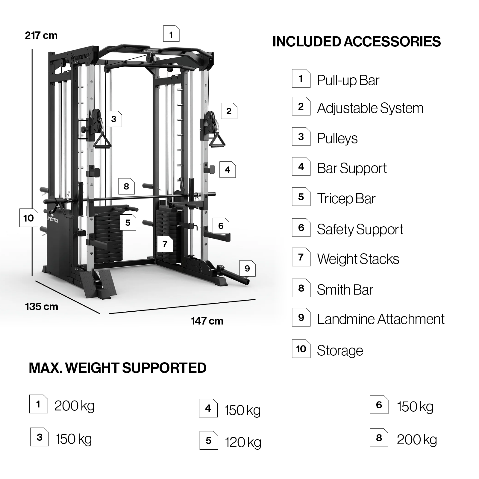 Máquina de gimnasio de entrenamiento funcional con dimensiones y peso máximo soportado.