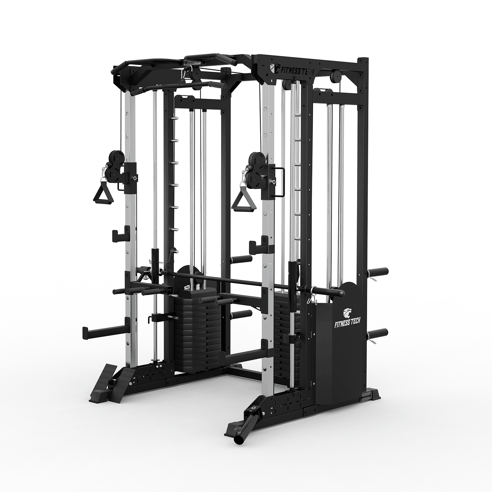 Máquina de gimnasio negra con pesas, barras y marca Fitness Tech sobre fondo blanco.