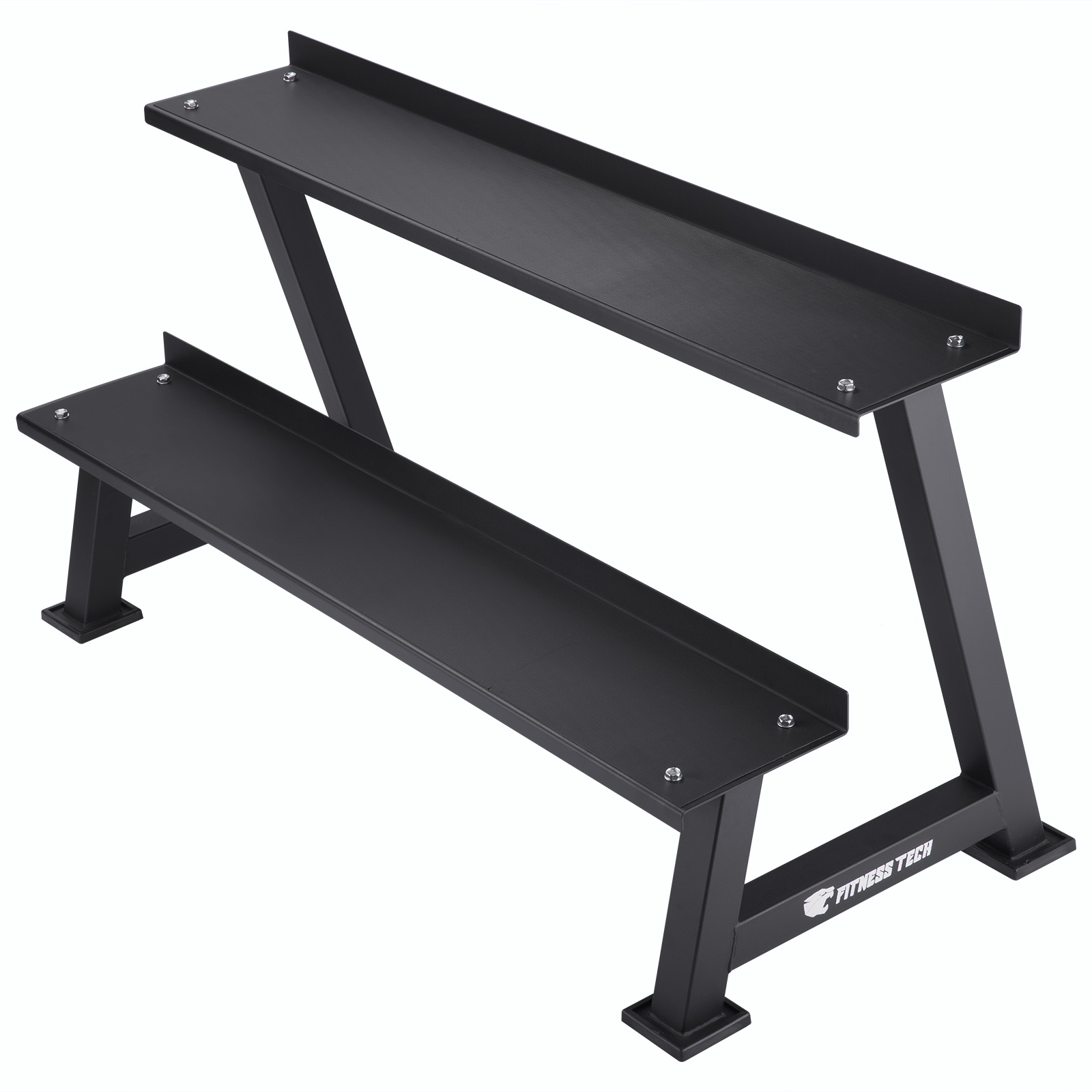 Porta manubri nero a due livelli. Logo Fitness Tech visibile. Sfondo bianco.