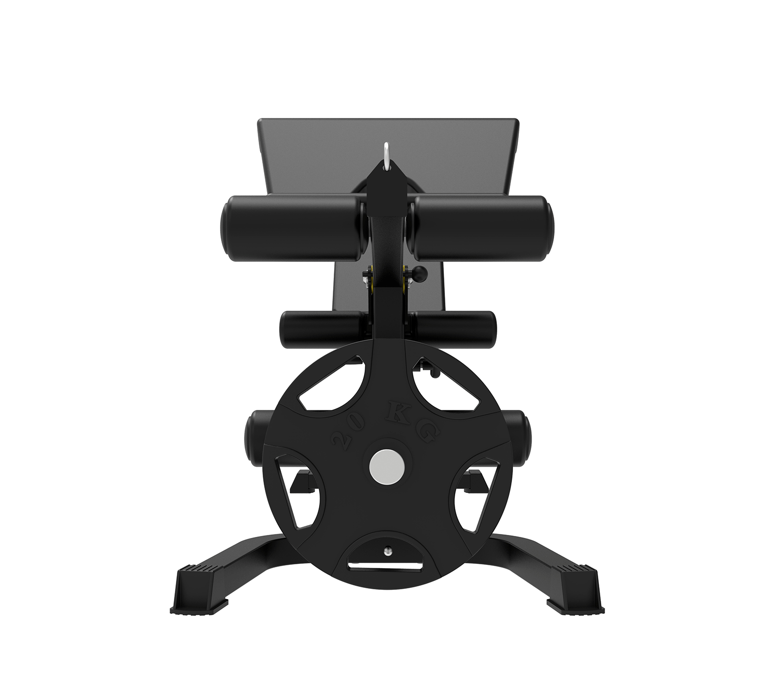 Máquina de gimnasio negra con una placa de pesas. Se ven 20 kg. Fondo blanco.