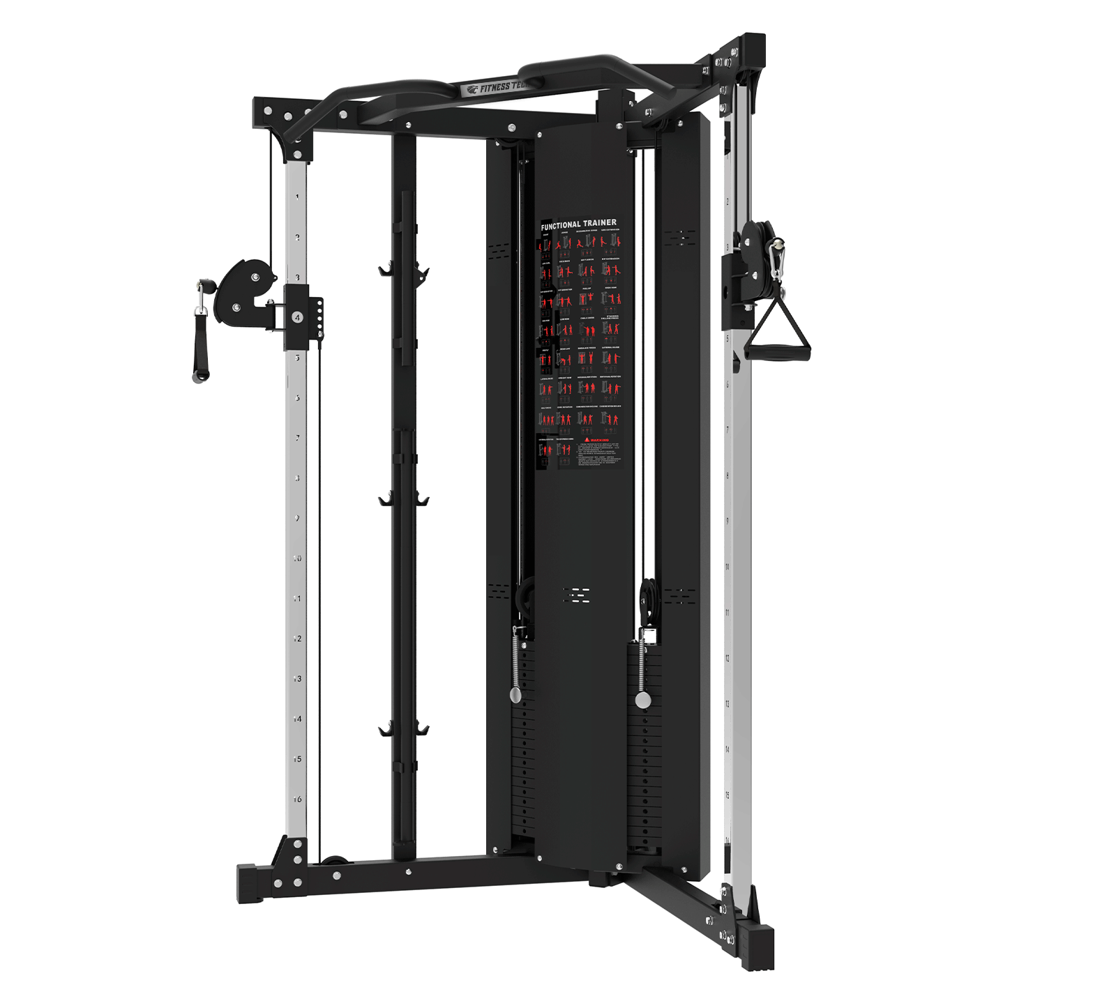 Máquina de gimnasio negra con cables, pesas y marca Fitness Tech. Fondo blanco.