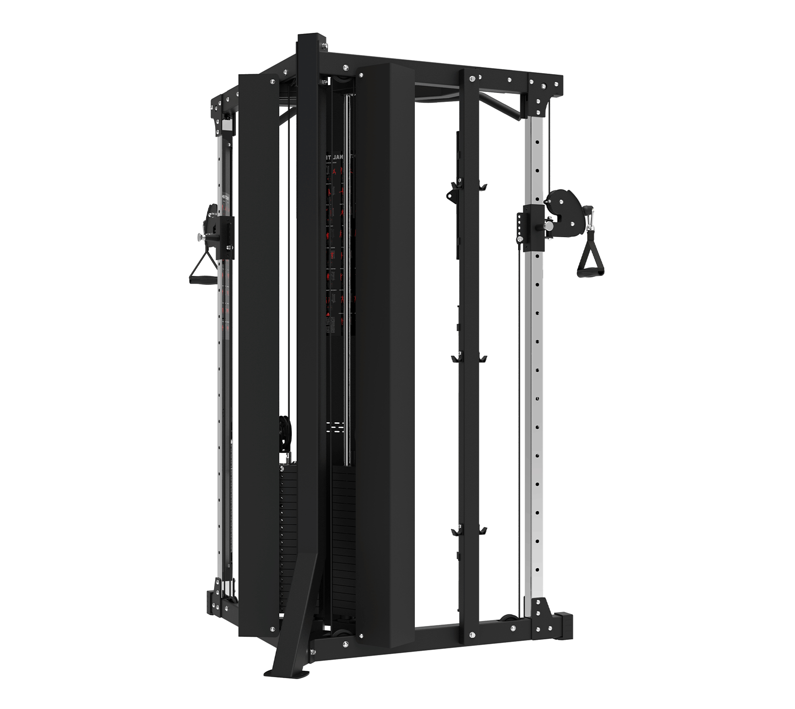 Máquina de gimnasio negra con pesas, cables y marca Fitness Tech. Fondo blanco.