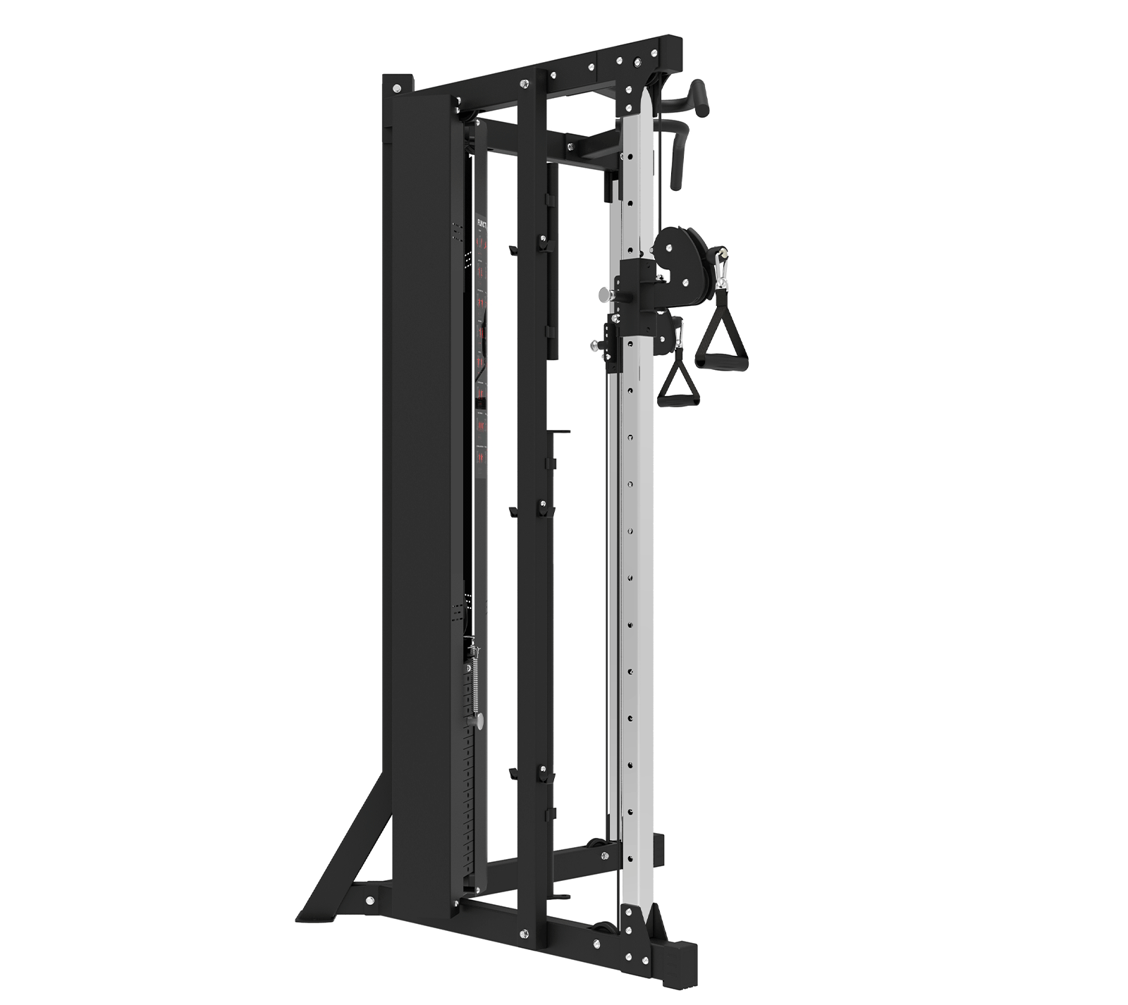 Máquina de gimnasio con cable y asas. Es negra con detalles plateados. Fondo blanco.