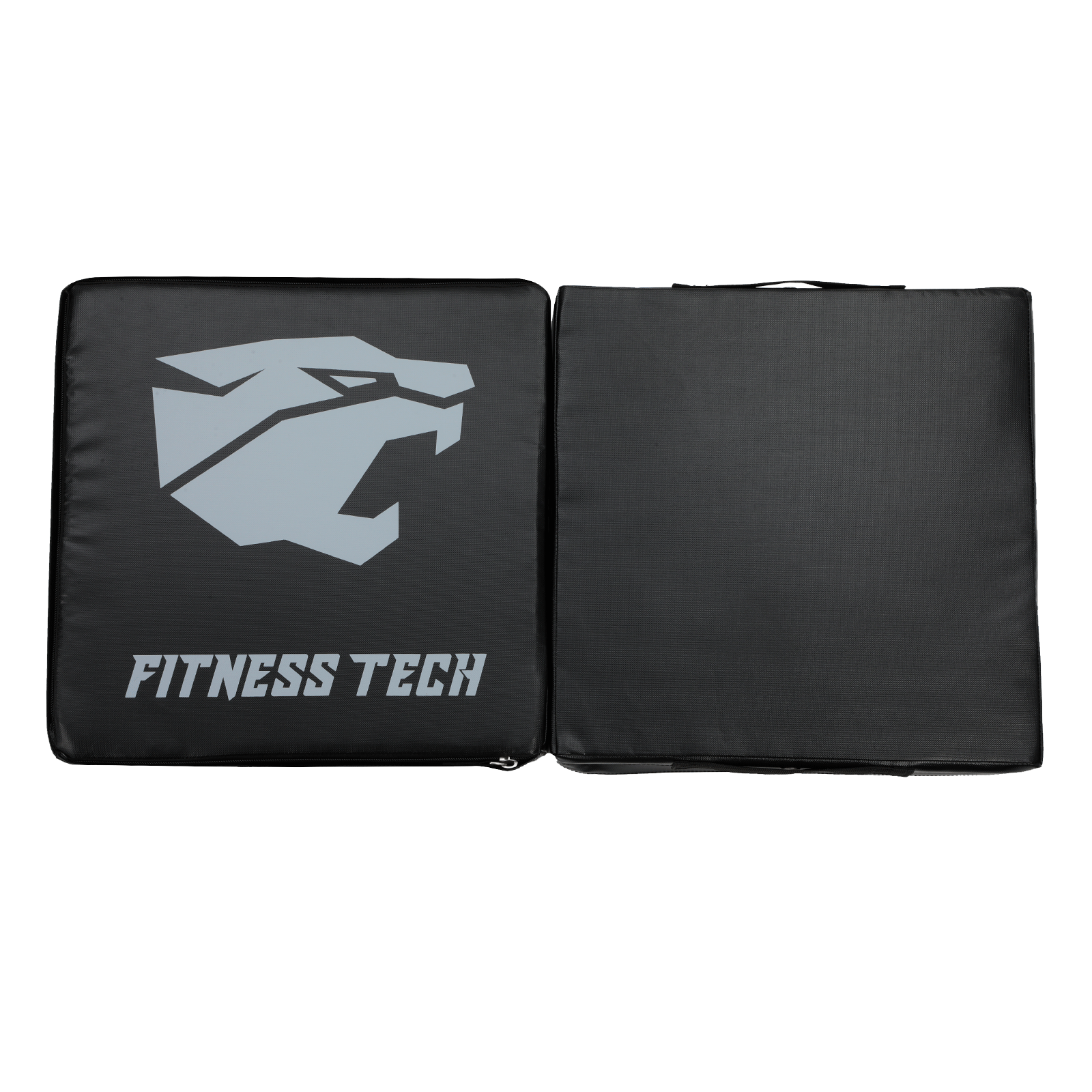 Dos almohadillas de halterofilia negras con el logo Fitness Tech, en blanco.
