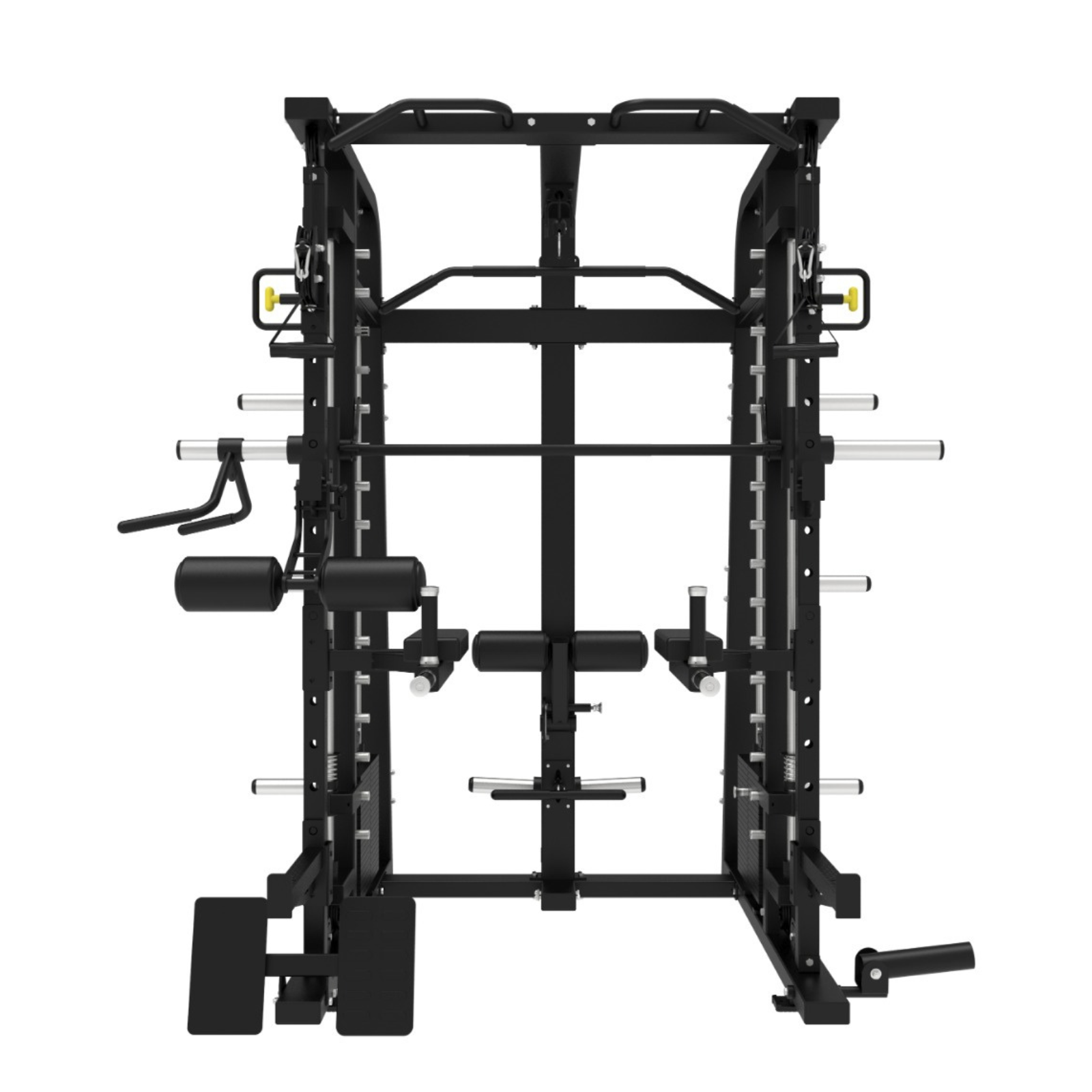 Máquina de gimnasio negra con varias estaciones de pesas, barras y asas.