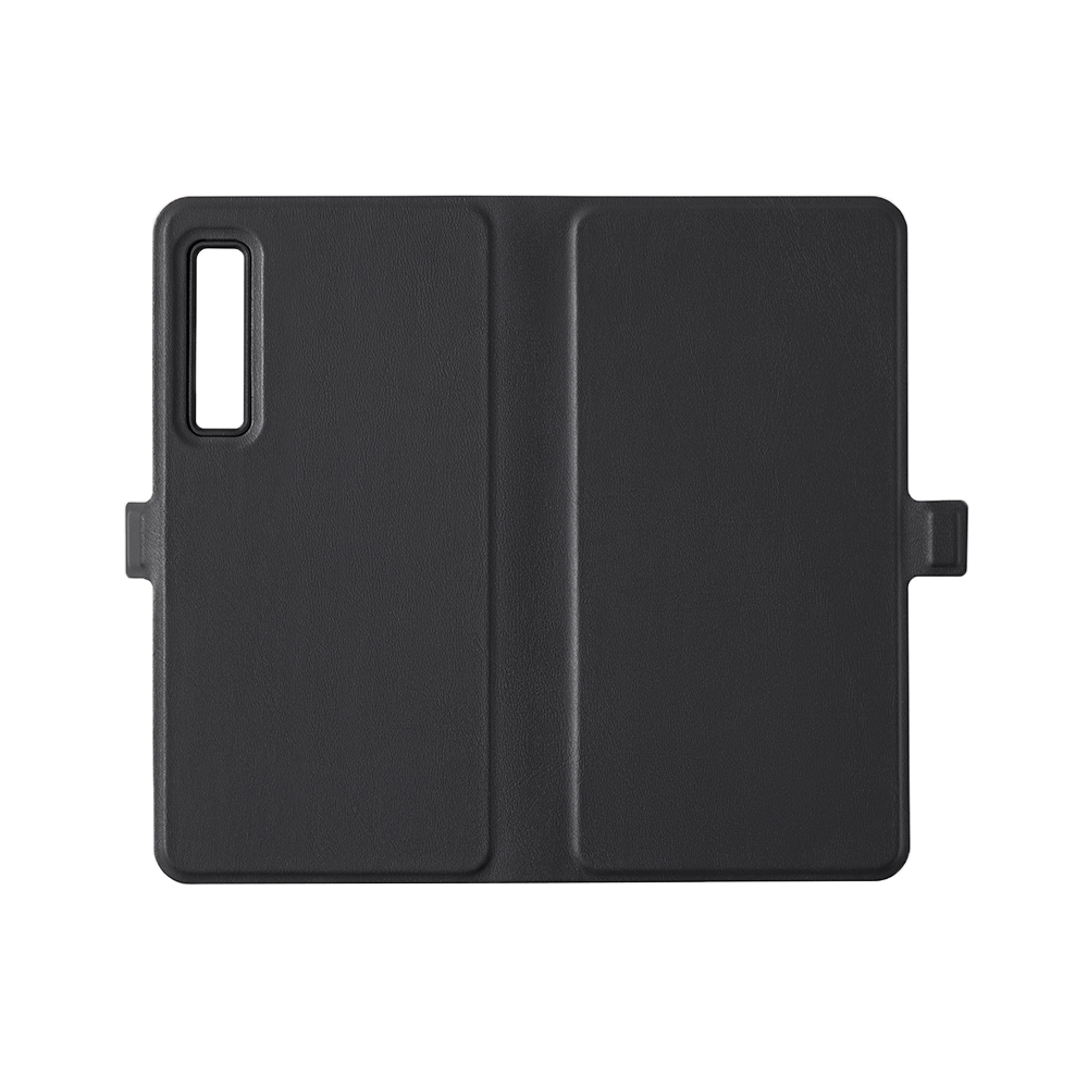 Funda de teléfono negra, con textura de cuero, abierta, vista frontal, con ventana rectangular.
