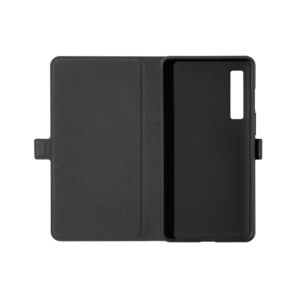 Funda de teléfono negra abierta, mostrando el soporte del teléfono y el cierre magnético.