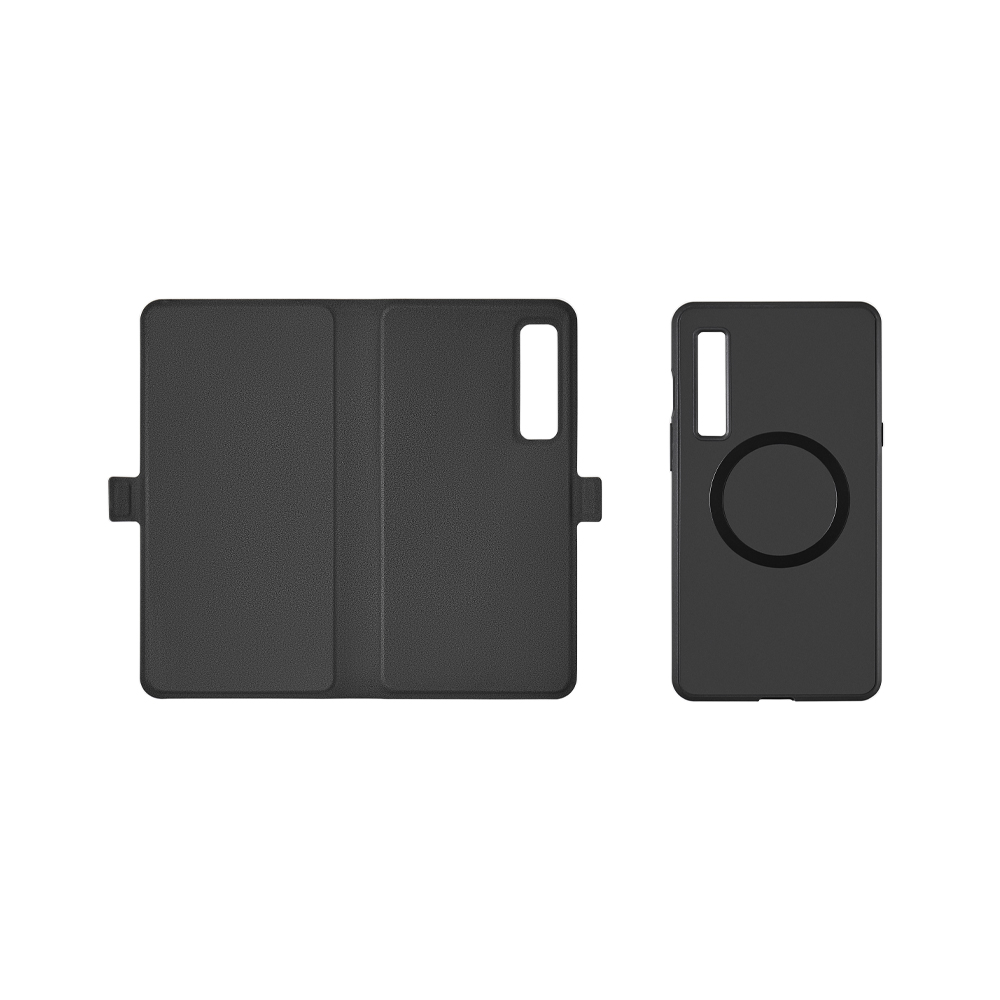 Funda de teléfono con dos partes: funda abierta y parte trasera del teléfono. Esquema de color blanco y negro.