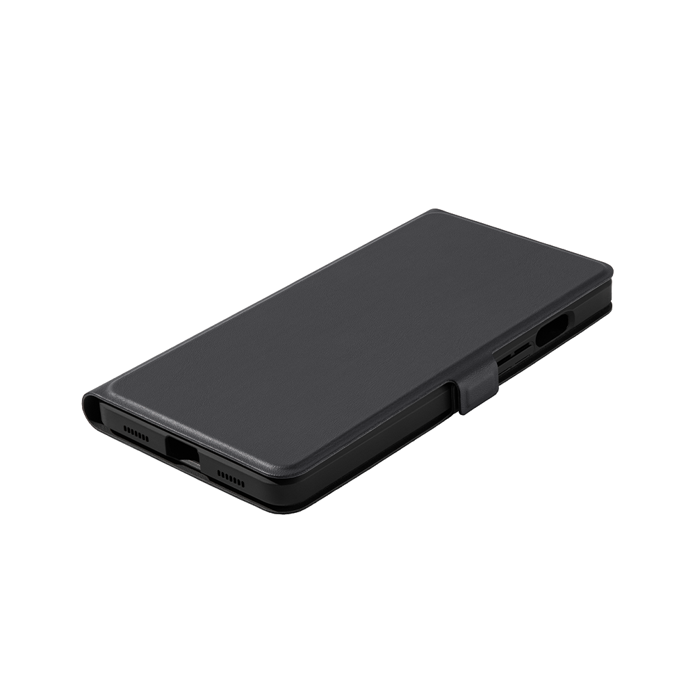 Funda de teléfono negra cerrada. La funda tiene un cierre magnético.