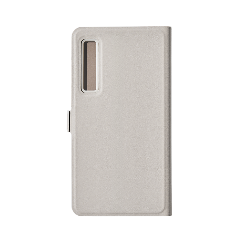 Funda de teléfono gris claro, con textura de cuero, cerrada, vista de lado, con ventana rectangular.