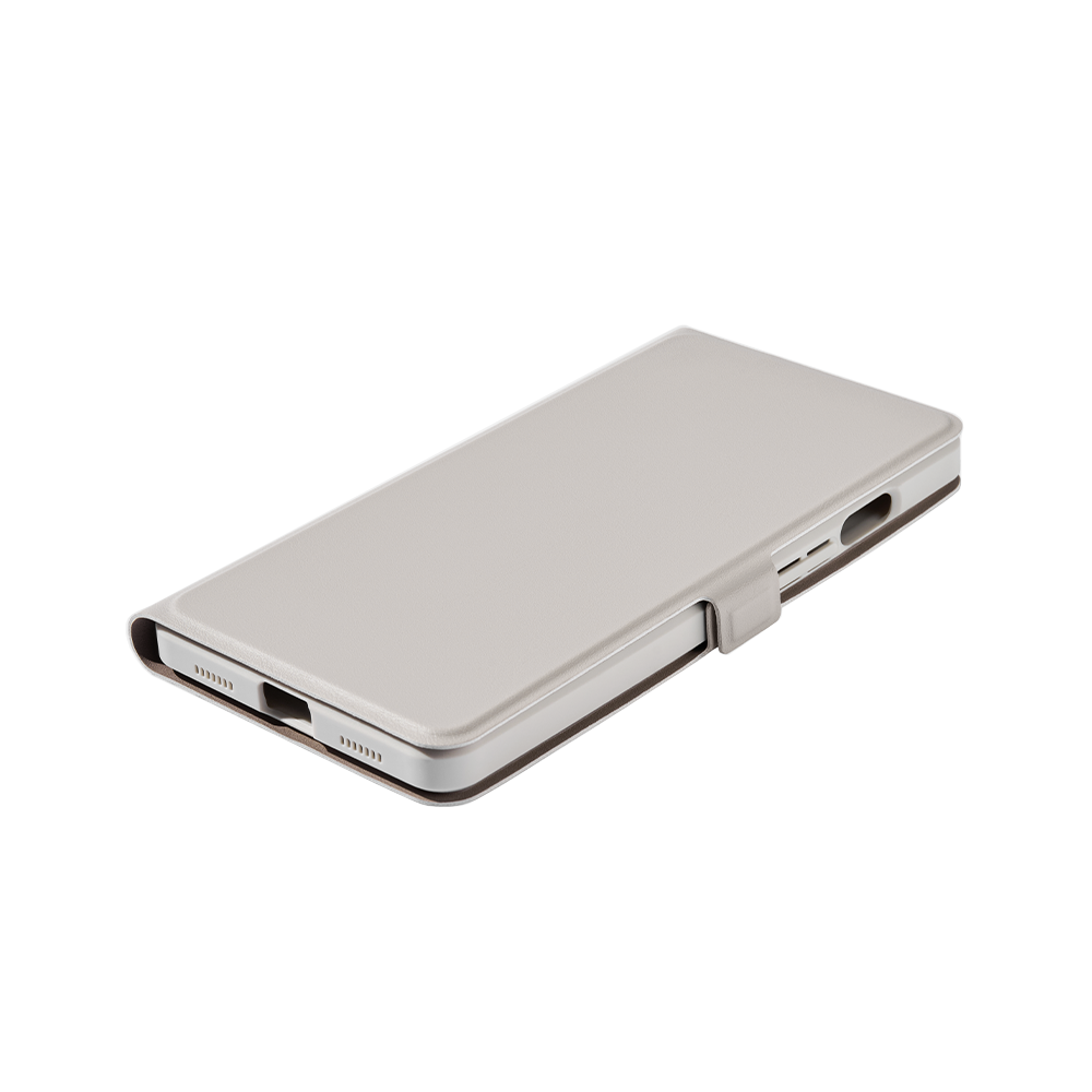 Una funda de teléfono gris claro, abierta y mostrando un teléfono. La funda tiene un cierre.