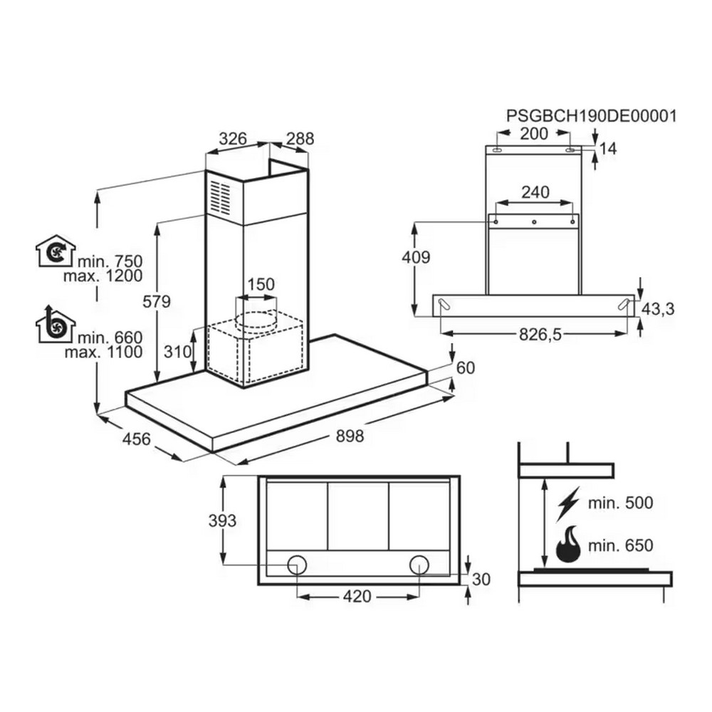 Diagramma di una cappa da cucina, con dimensioni e dettagli tecnici in nero.
