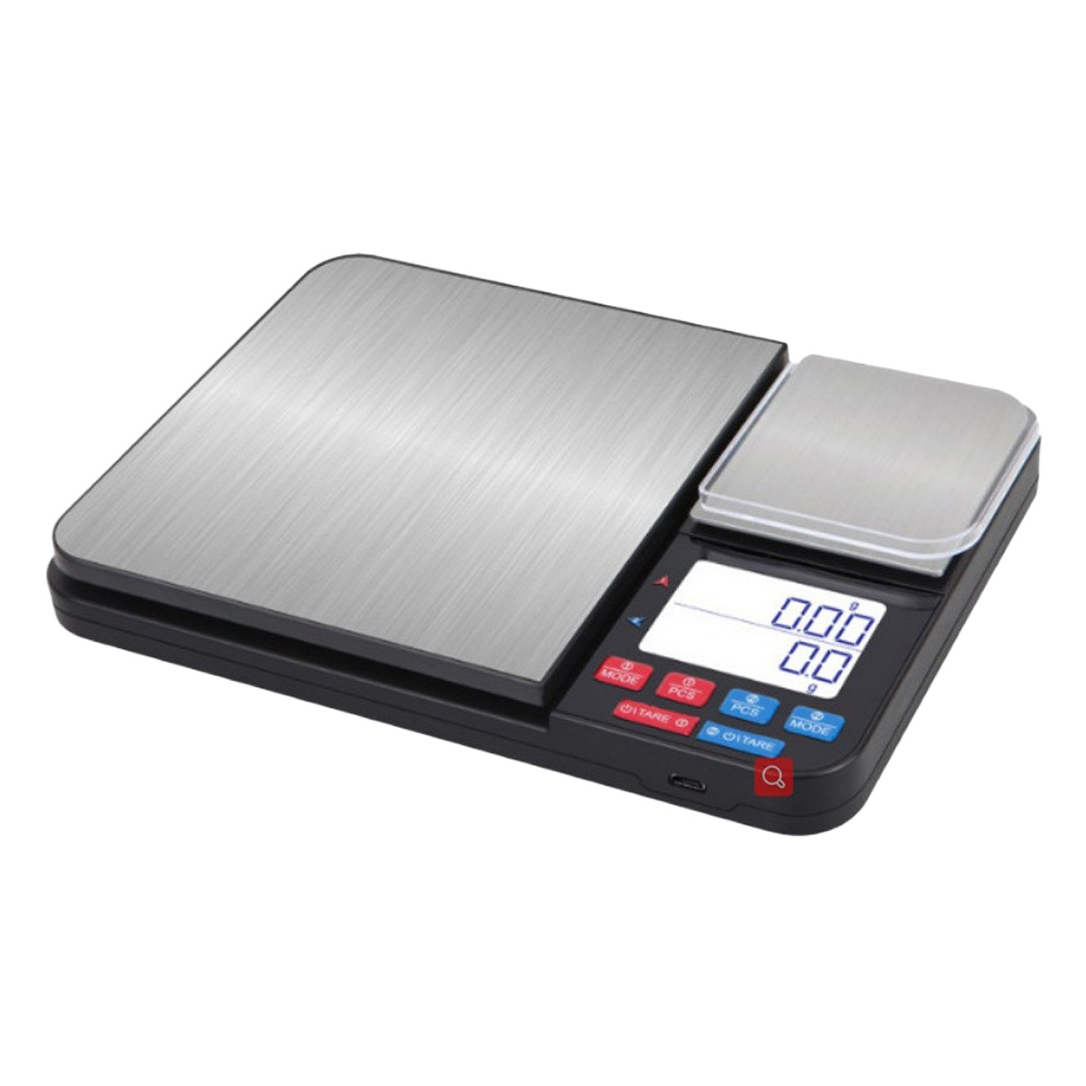 Eine digitale Küchenwaage. Sie hat eine Oberfläche aus gebürstetem Metall und eine schwarze Basis.