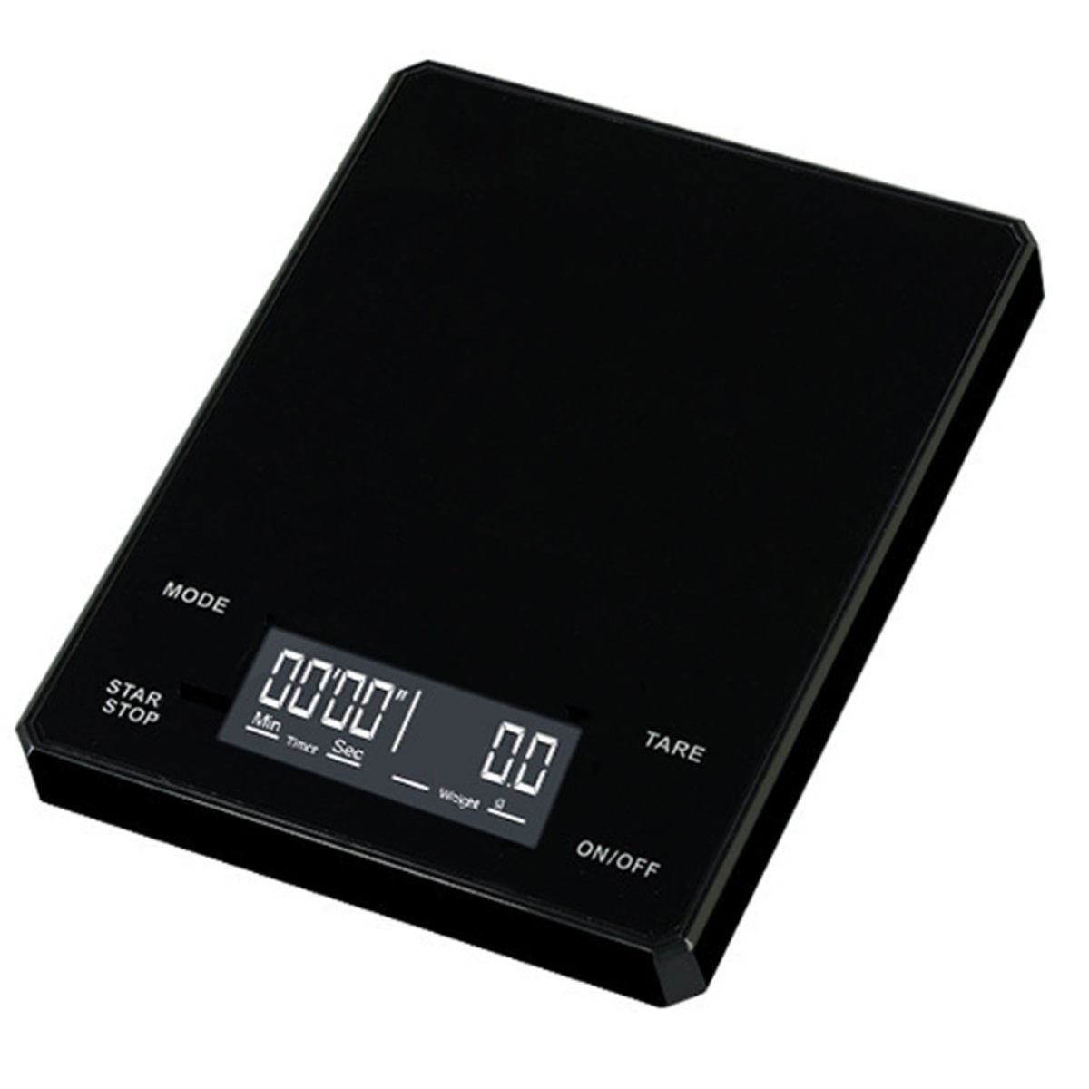 Eine schwarze digitale Küchenwaage mit Digitalanzeige, die Timer und Gewicht anzeigt.