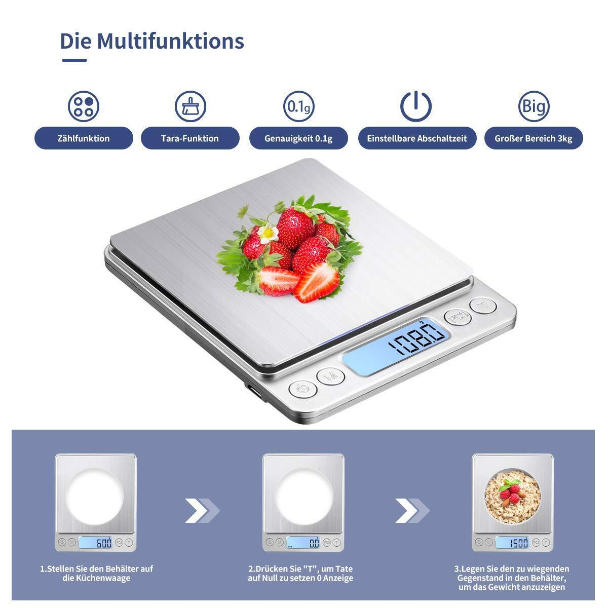 Eine Küchenwaage mit Erdbeeren, mit Anweisungen zur Verwendung.