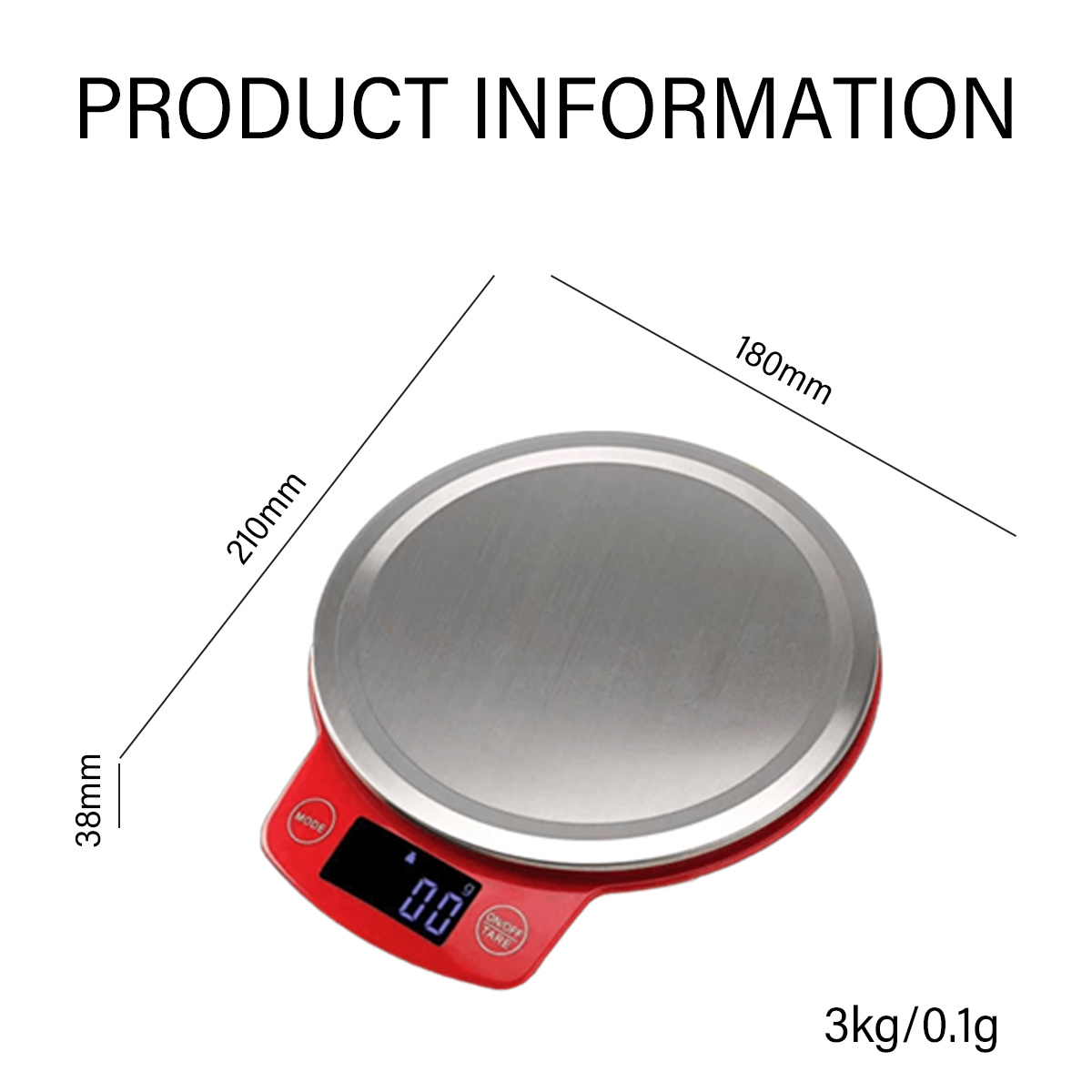 Rote Küchenwaage mit Größenangaben: 210mm x 180mm x 38mm und 3kg/0,1g.