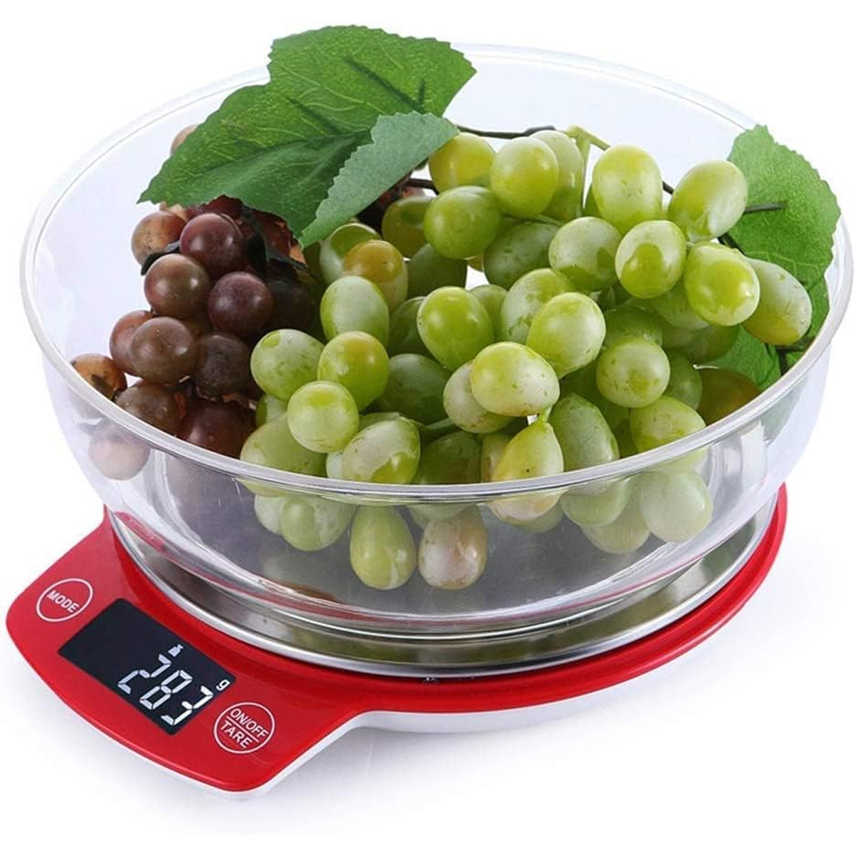 Eine klare Schüssel auf einer roten Waage enthält grüne und violette Trauben. Die Waage zeigt 283 Gramm an.