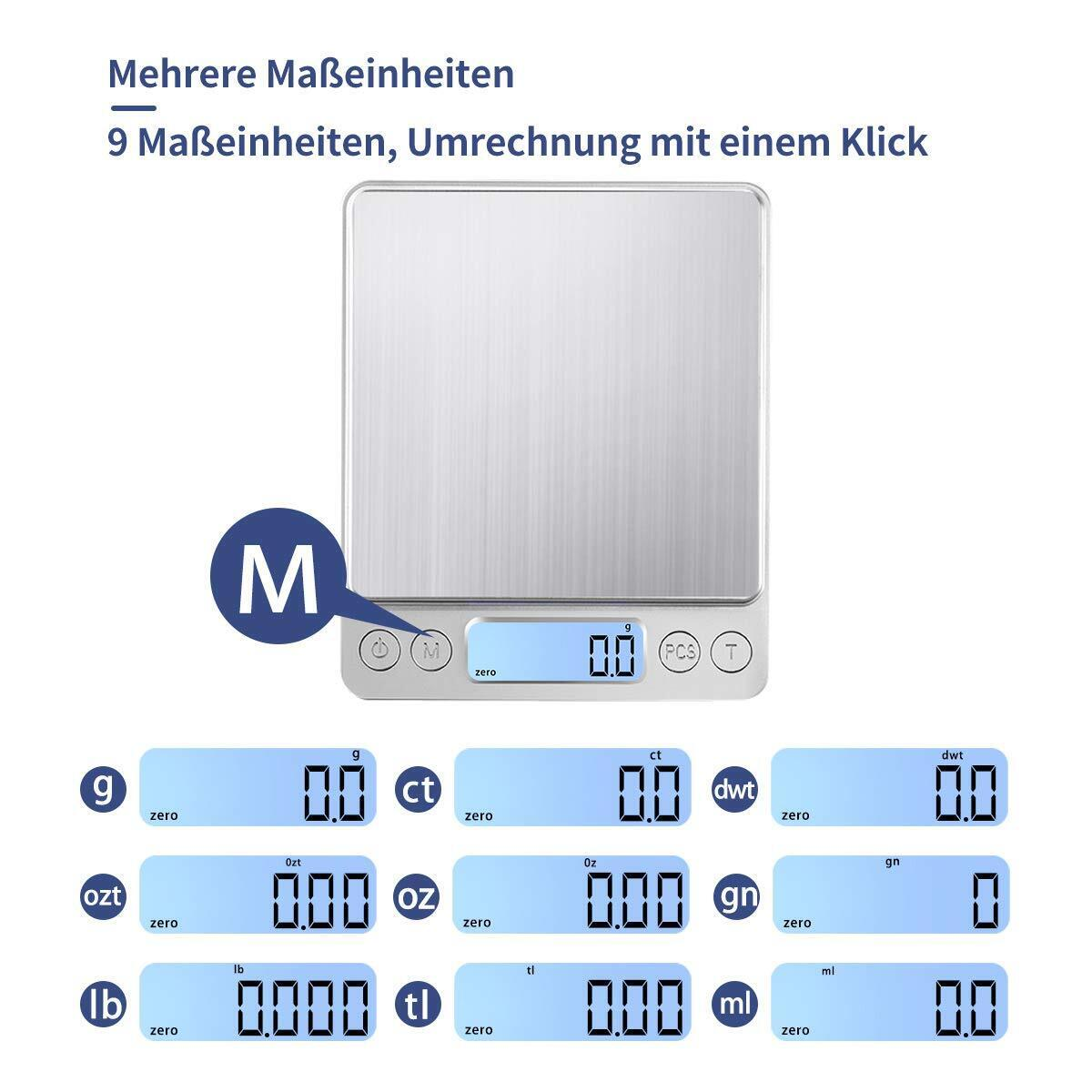 Digitale Küchenwaage mit mehreren Einheiten. Text: 9 Einheiten, Umrechnung mit einem Klick.