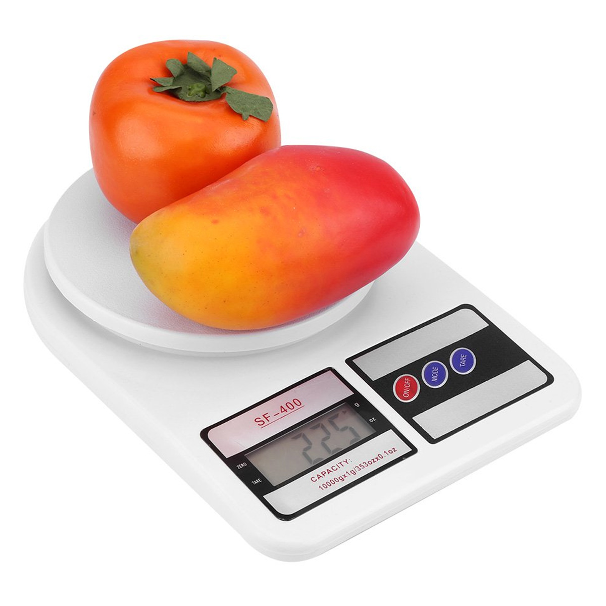 Eine weiße Digitalwaage mit zwei Früchten darauf. Eine Kaki und eine Mango. Die Waage zeigt ein Gewicht von 225 an.
