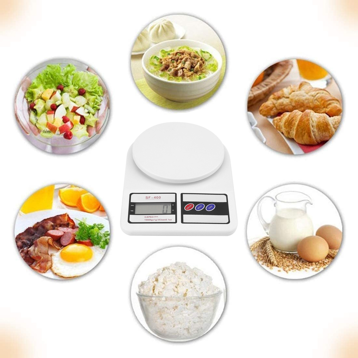Eine Waage, umgeben von sechs Schüsseln mit Essen: Salat, Suppe, Croissants, Spiegelei, Reis und Milch mit Eiern.