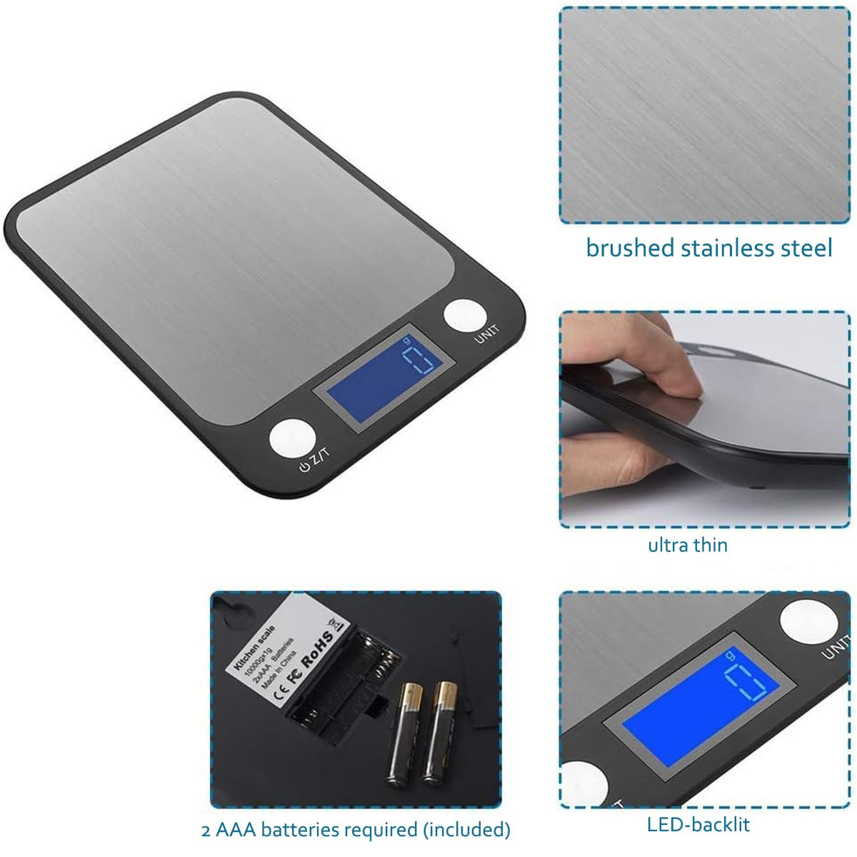 Küchenwaage mit gebürsteter Edelstahl-Oberfläche und schwarzem Sockel. Zubehör und Batterien daneben.
